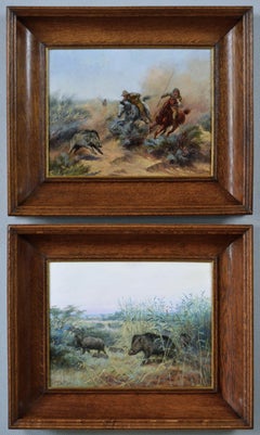 Antique Pair of landscape hunting scenes with wild boar
