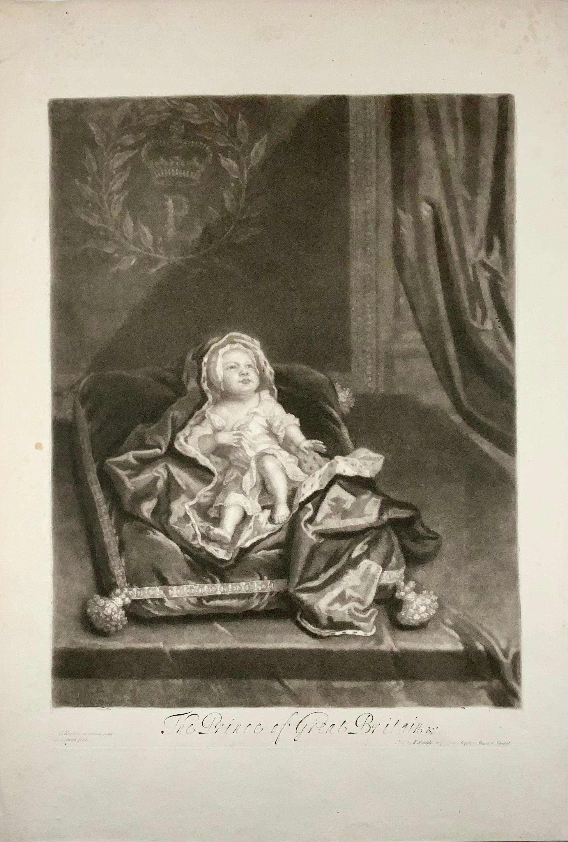 The Prince of Great Britain (Portrait of James Stuart, the Old Pretender)

G Kneller ad vivum pinx:', 'I Smith fecit'.

Published by I Smith at ye golden Lyon in Russel Street, published (c.1688).

Mezzotint with extensive rocker work.

47 x