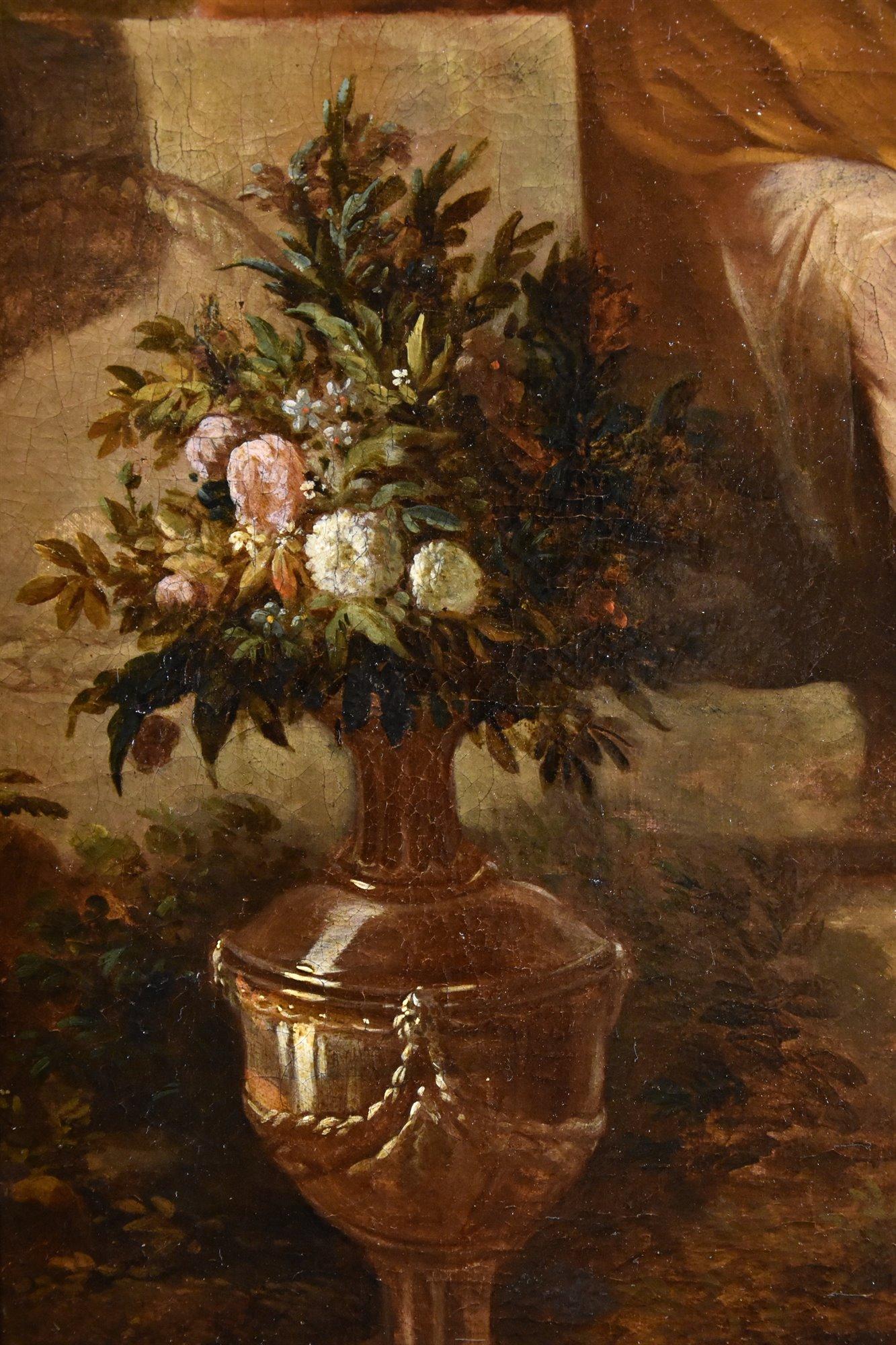 Godfrey Kneller (Lübeck 1646 - London 1723) Kreis der
Porträt eines Gentleman im Garten

Öl auf Leinwand

67 x 47 cm.
Gerahmt 84 x 64 cm.


Das Gemälde zeigt einen Adligen in Ganzkörperdarstellung in klassischem Gewand und geflochtenen Sandalen, der