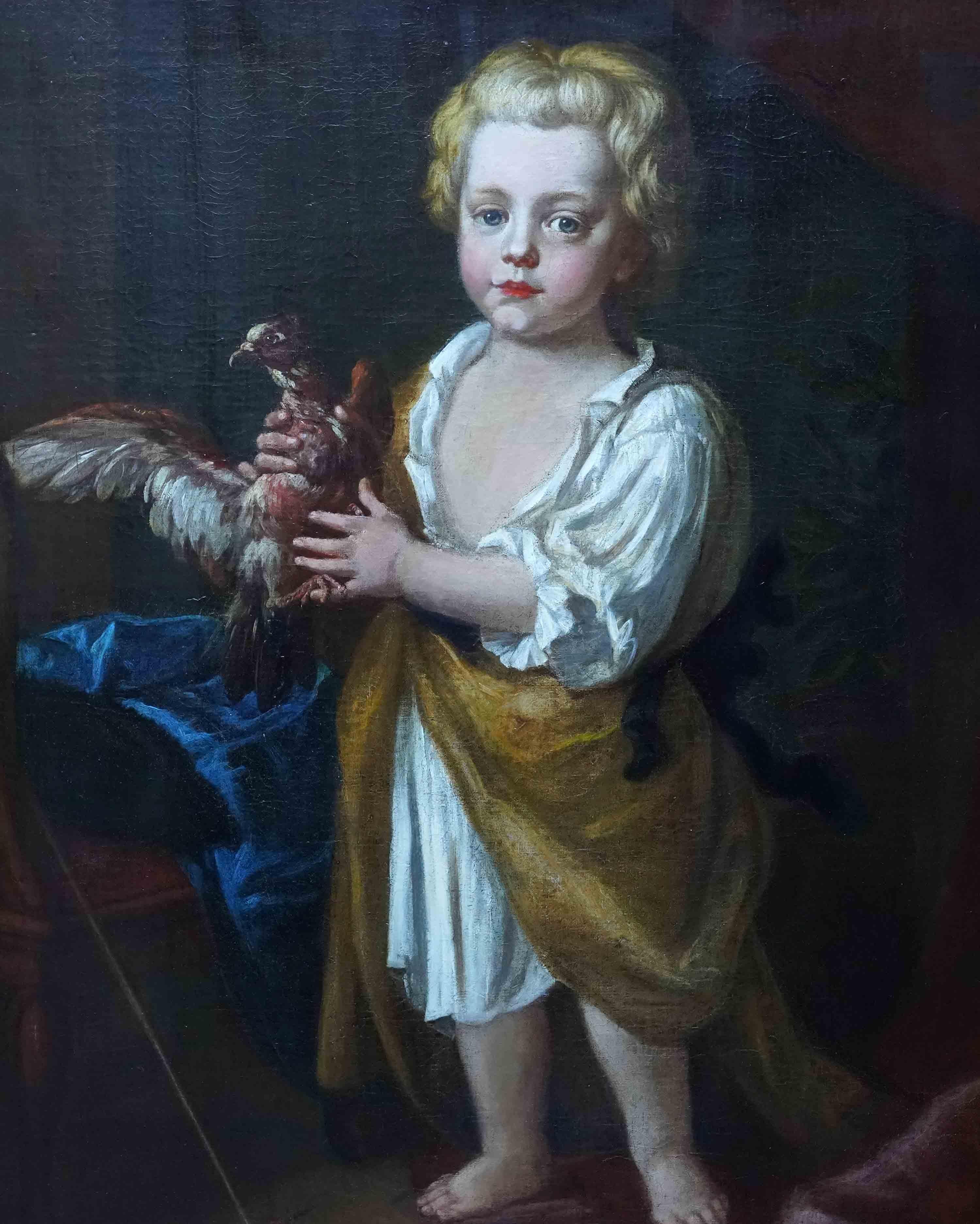 Portrait of a Boy with Bird - British 17th century art Old Master oil painting - Painting by Godfrey Kneller