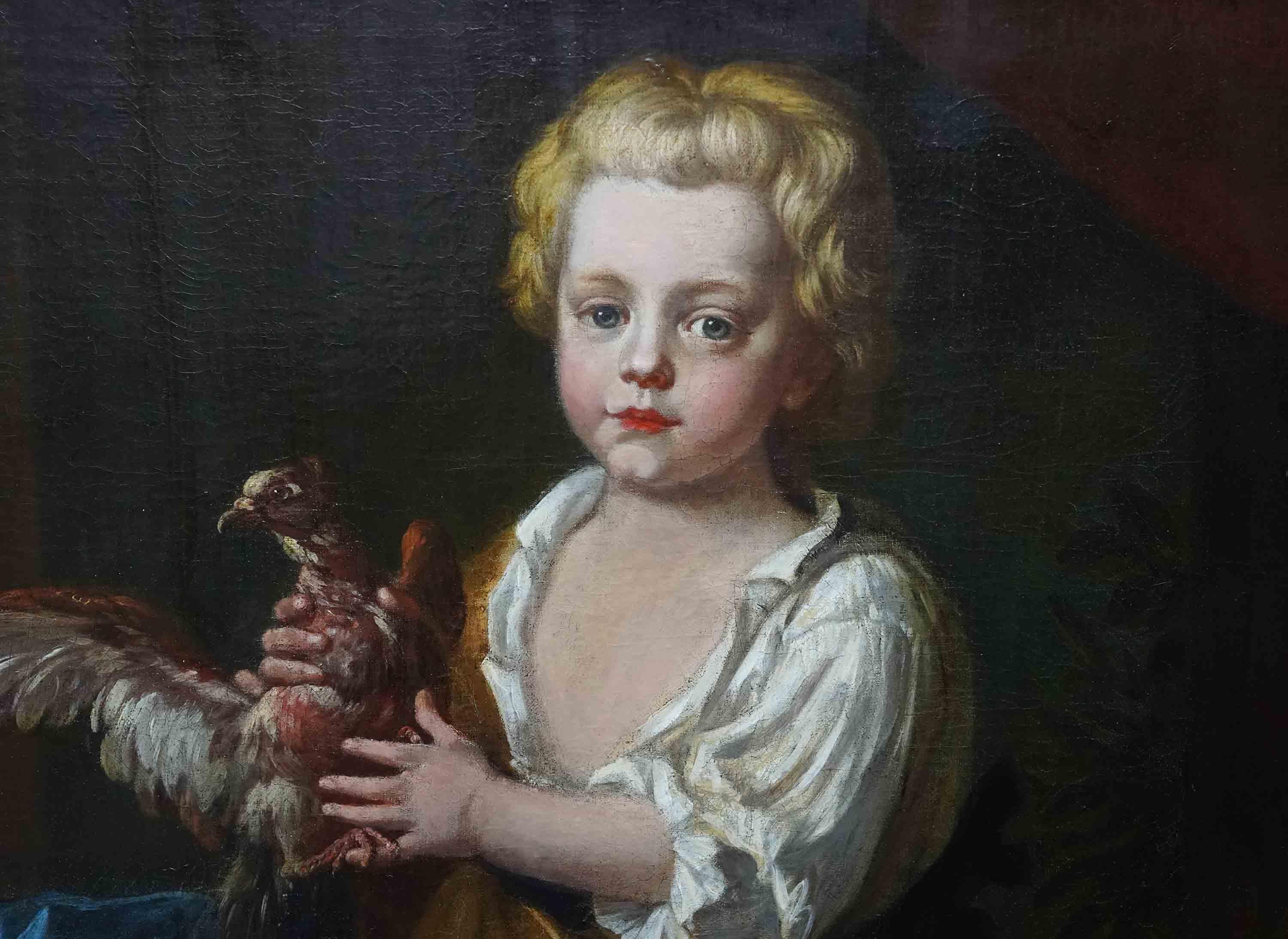 This stunning 17th century Old Master portrait oil painting is attributed to Godfrey Kneller. Painted circa 1680 it is a superb full length portrait of a blonde haired boy holding a struggling bird. He is bare foot and dressed in a white shirt with