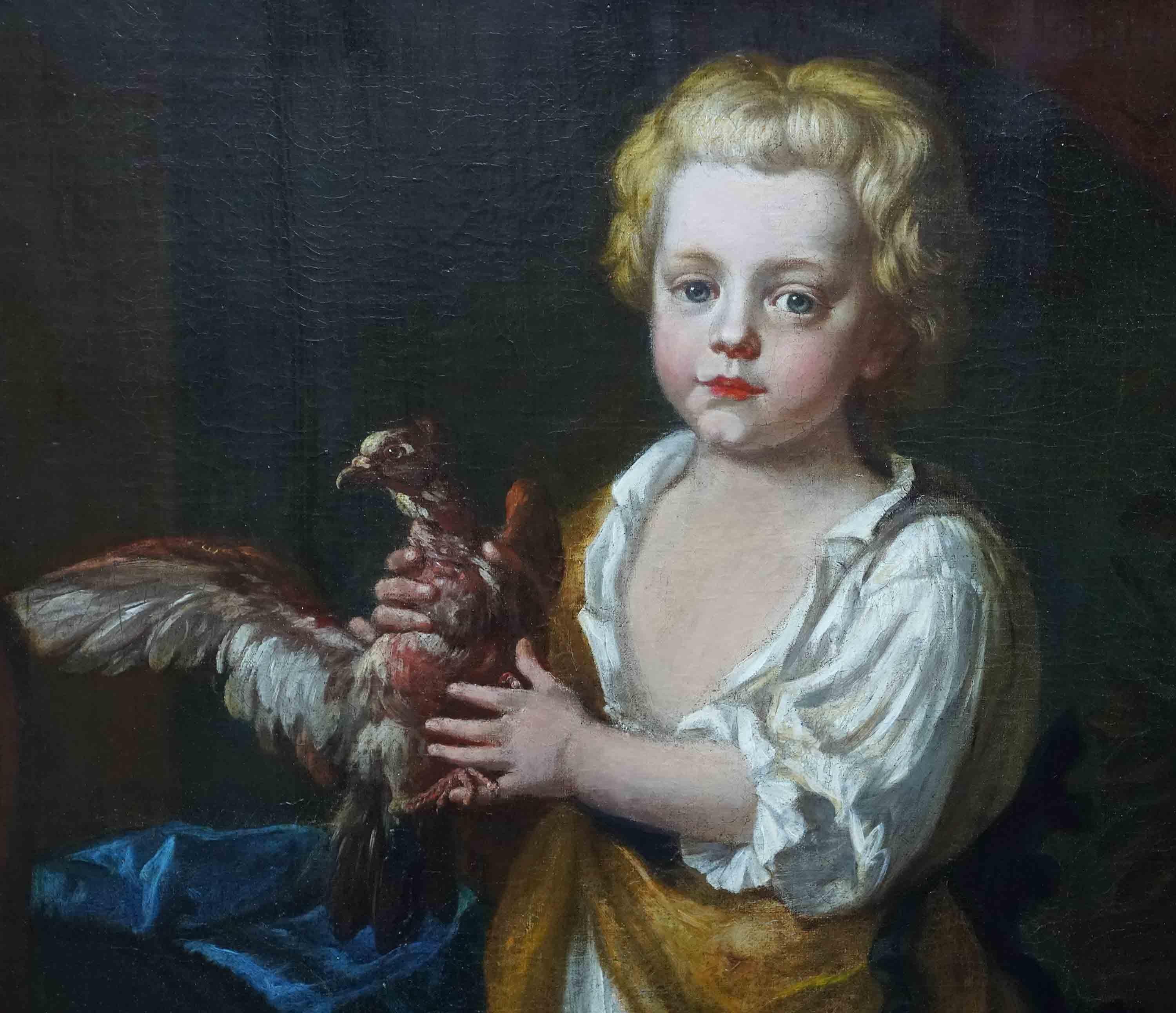 This stunning 17th century Old Master portrait oil painting is attributed to Godfrey Kneller. Painted circa 1680 it is a superb full length portrait of a blonde haired boy holding a struggling bird. He is bare foot and dressed in a white shirt with