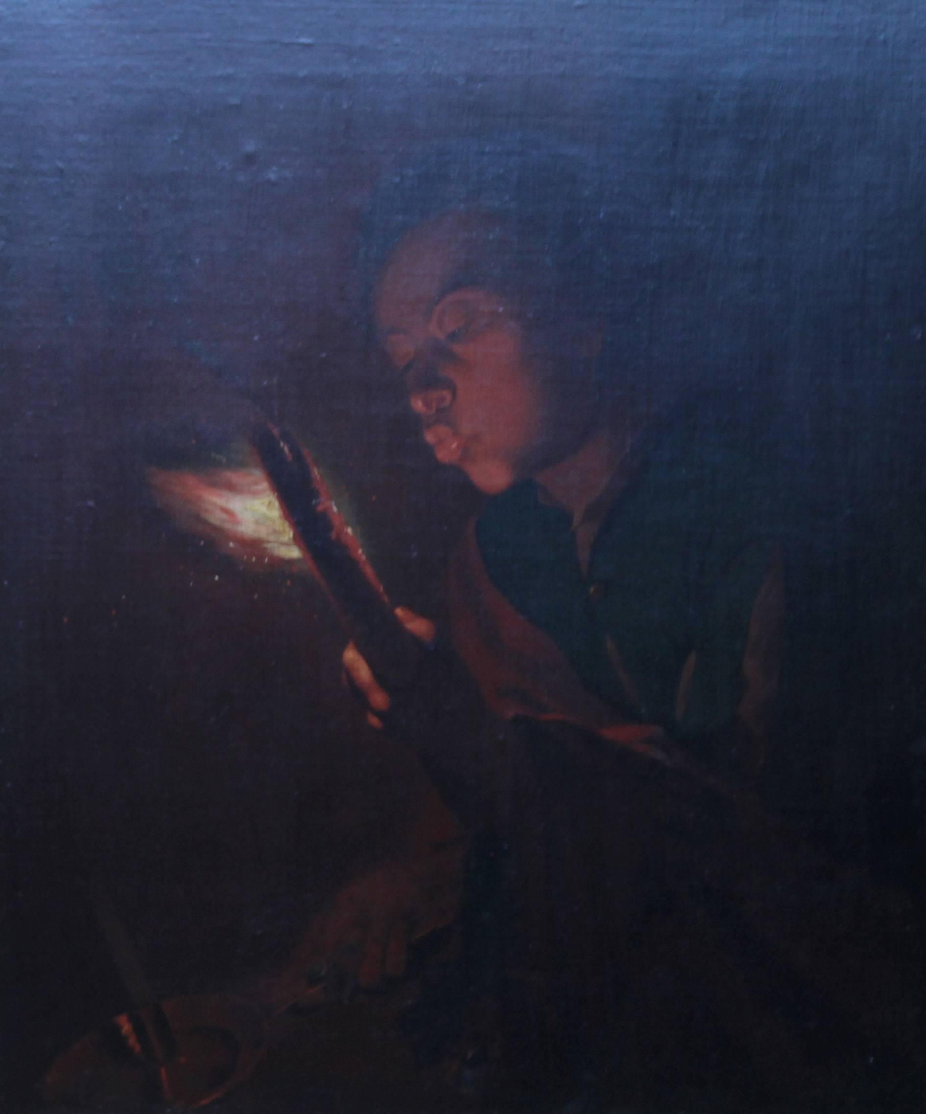 Boy Blowing a Candle - Old Master Dutch oil painting classical candlelight genre - Painting by Godfried Schalcken (circle)