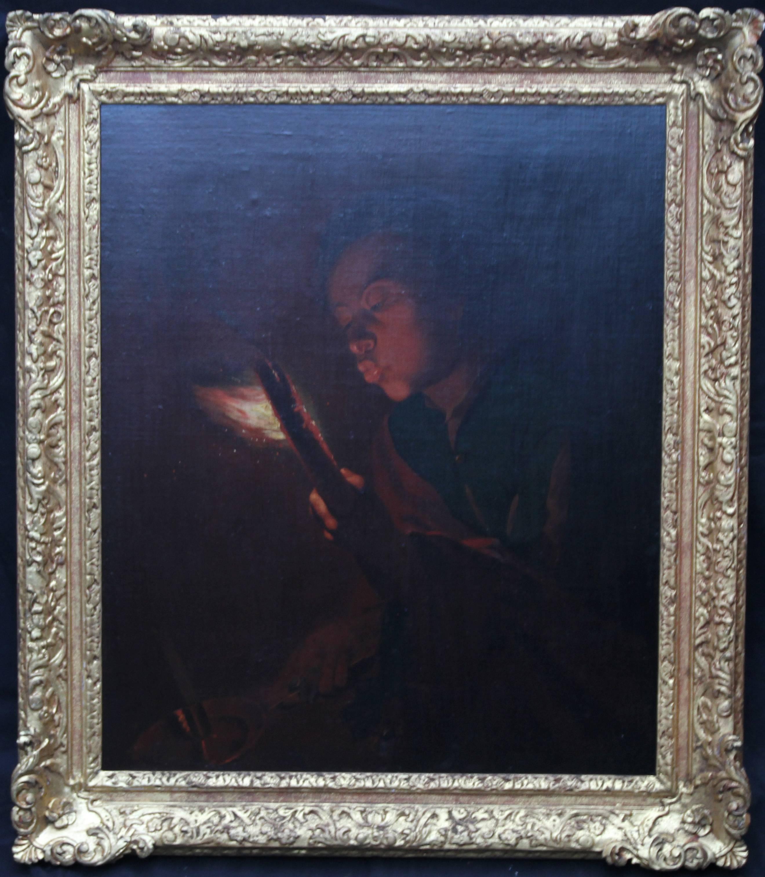 Godfried Schalcken (circle) Portrait Painting - Boy Blowing a Candle - Old Master Dutch oil painting classical candlelight genre