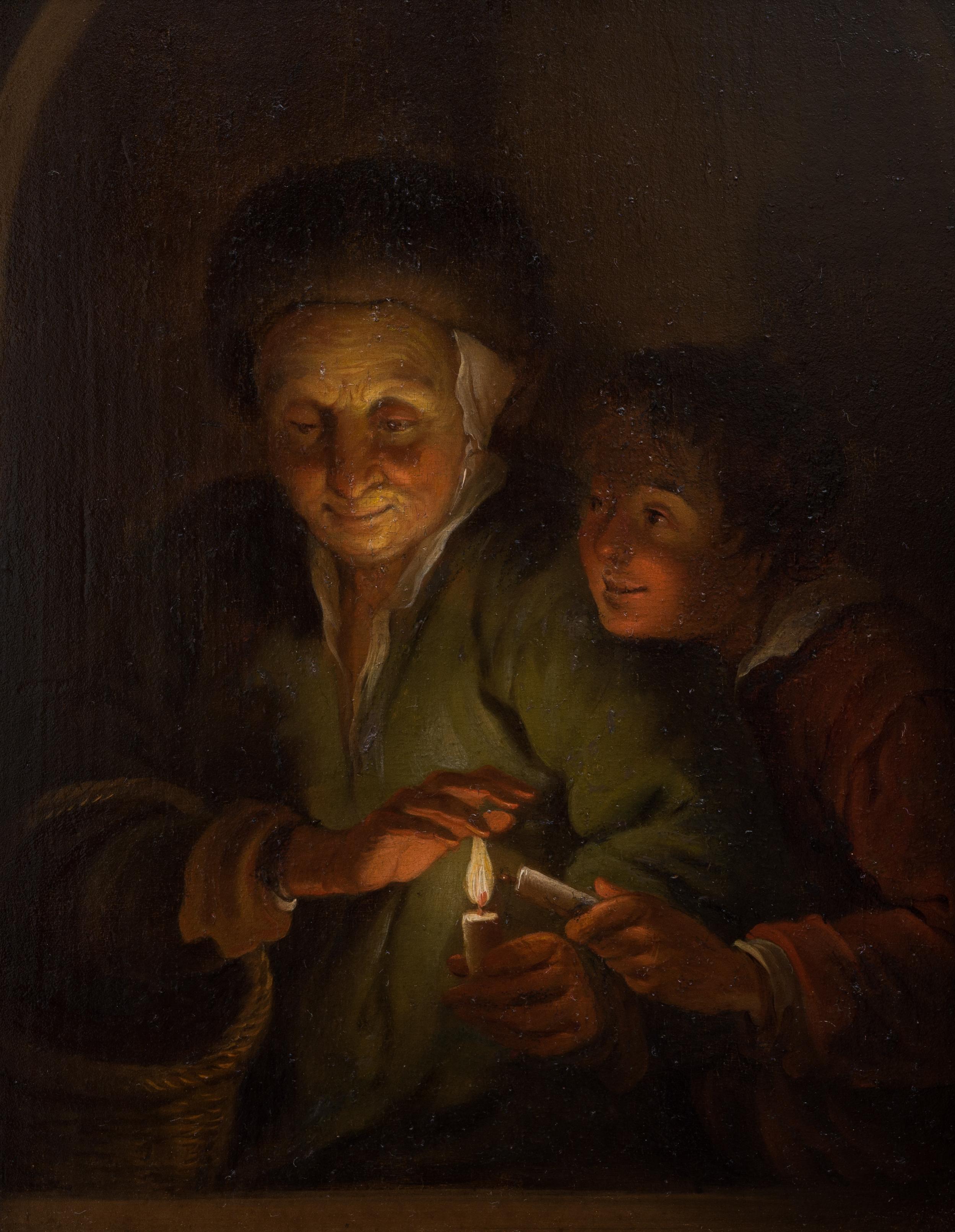 Donna anziana e ragazzo con candele, olio su pannello, XIX secolo - Painting di Godfried Schalcken