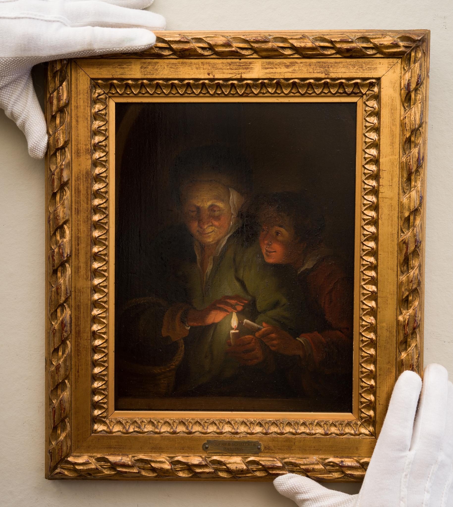 Alte Frau und Junge mit Kerzen, Öl auf Täfelung, 1800er Jahre (Alte Meister), Painting, von Godfried Schalcken