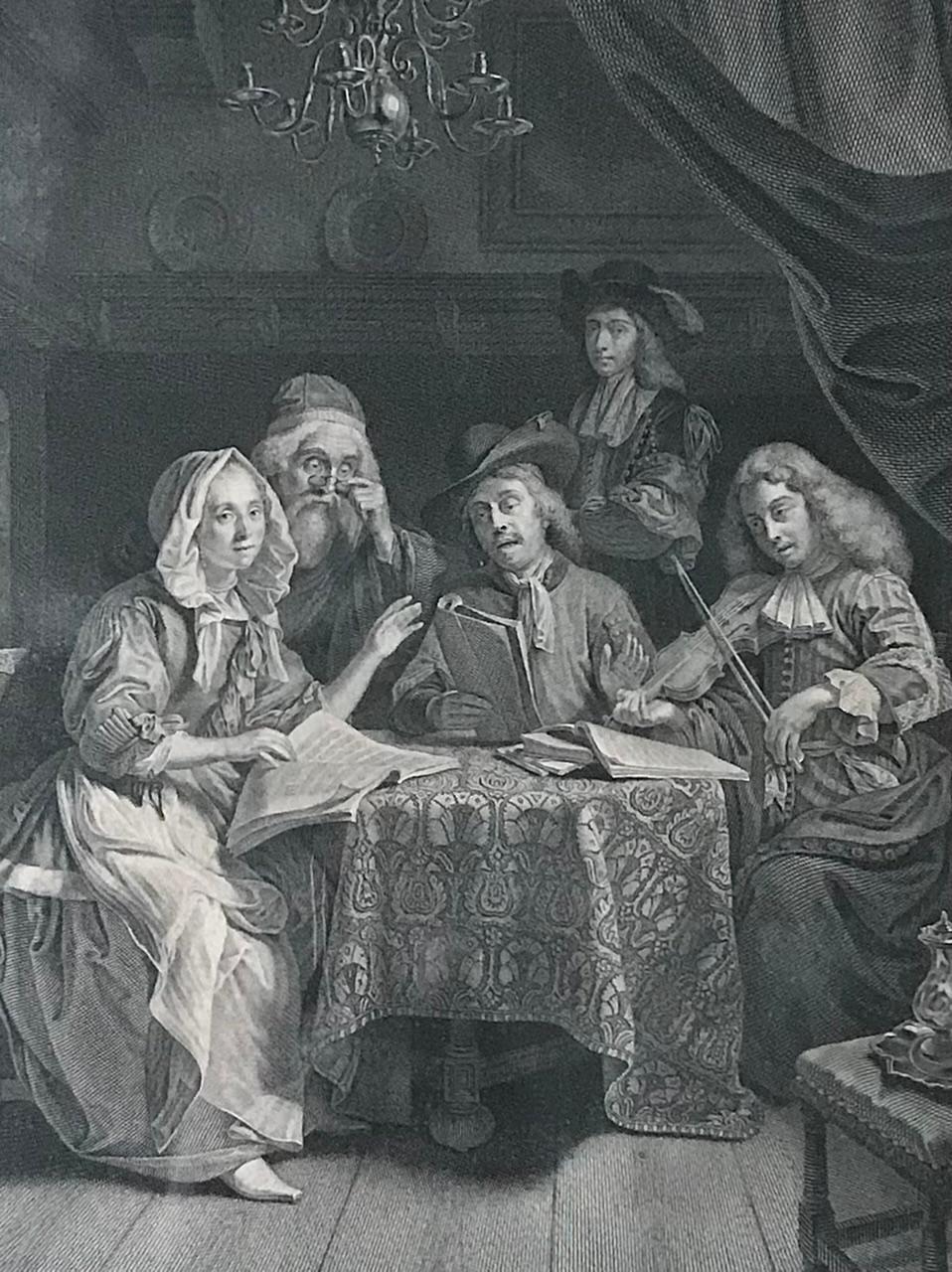 This is an engraving by Johann Georg Wille after the work of Godfried Schalcken. 
 
This is a genre scene. Representing a family is sitting around a table In a typical 17th century interior. They are reading and singing music and one is playing