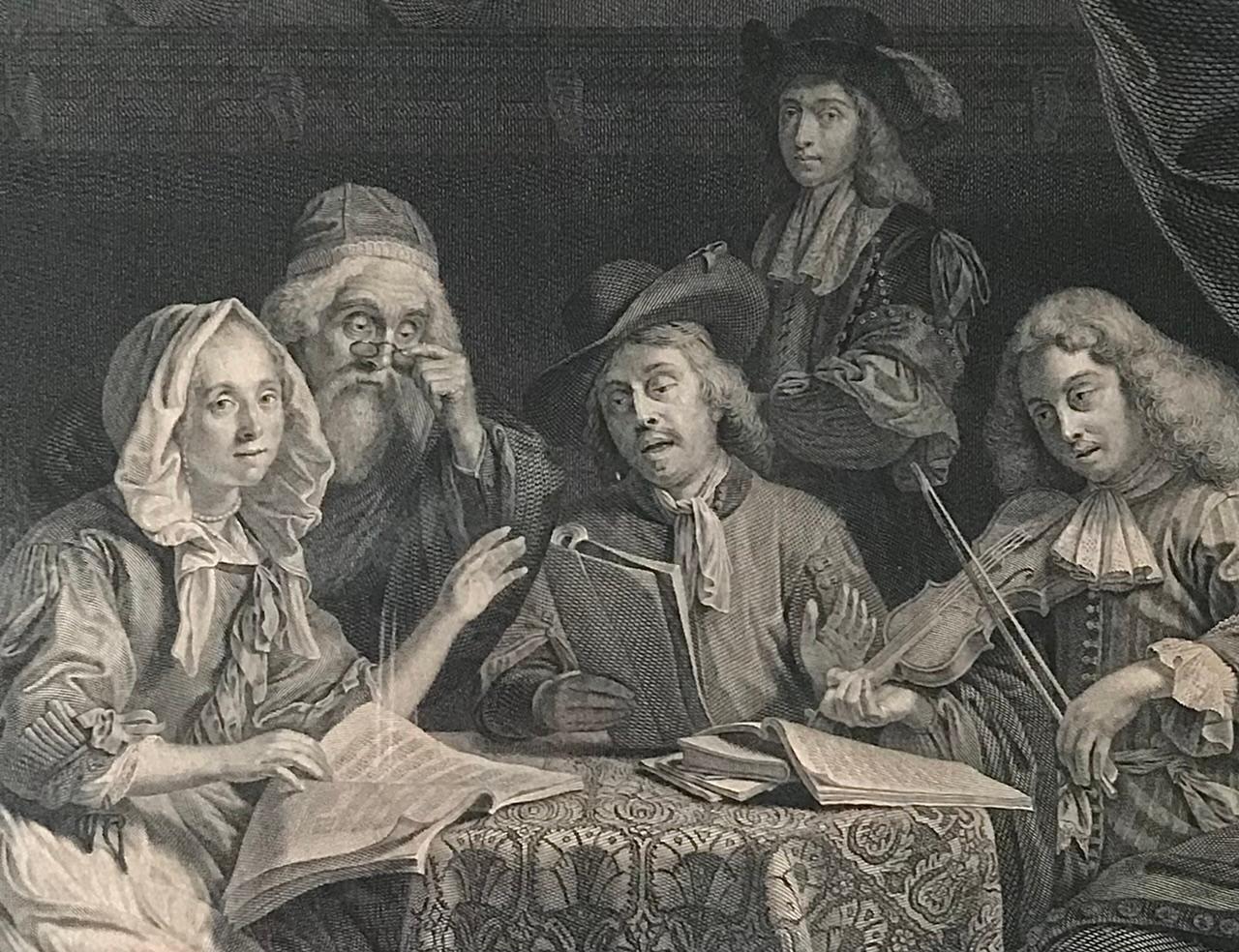 Baroque « Le concert de la famille », gravure du 18ème siècle de Georg Wille pour Godfried Schalcken en vente