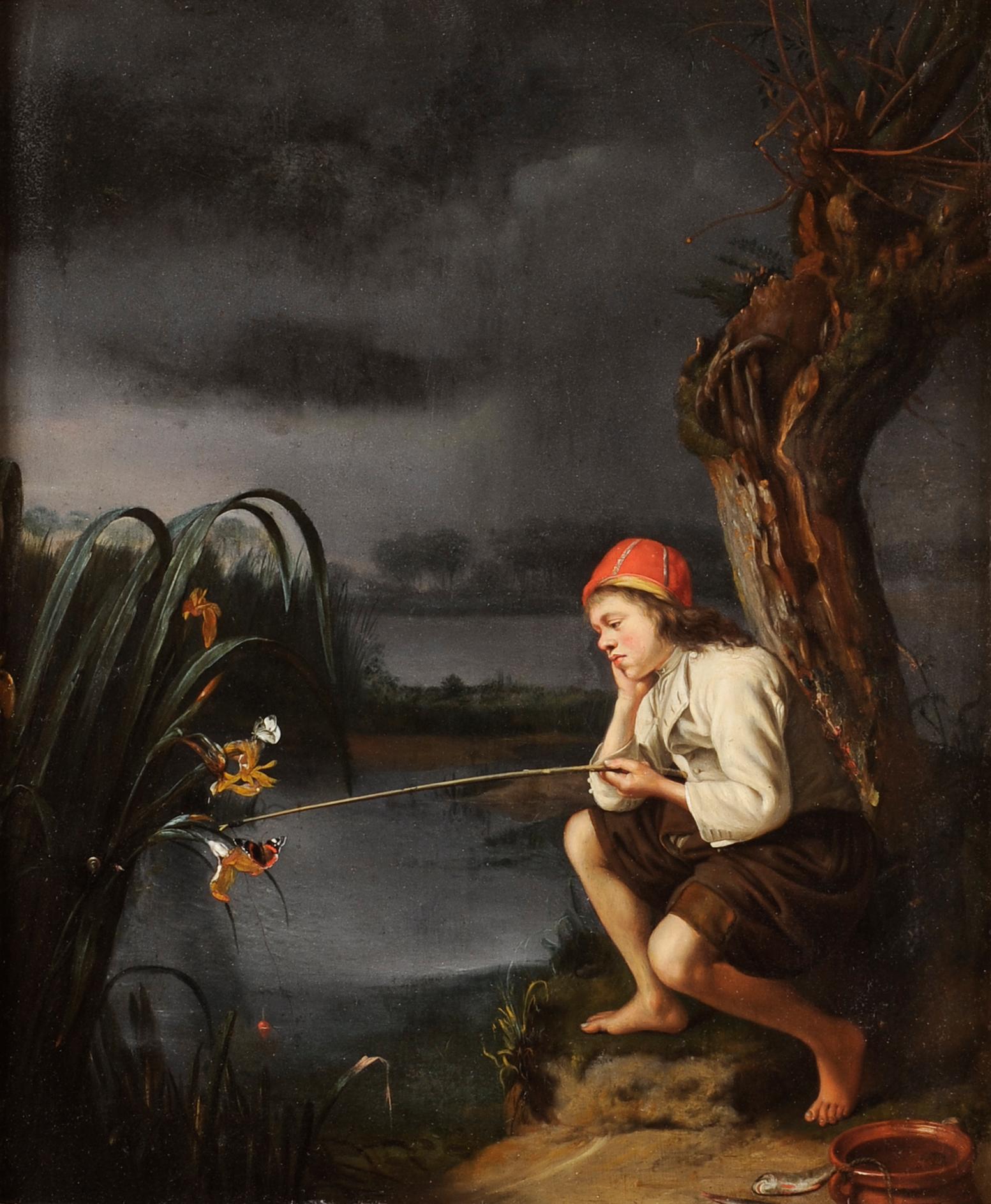 Young fisher - Phlegmatism allegory - Painting by Godfried Schalken