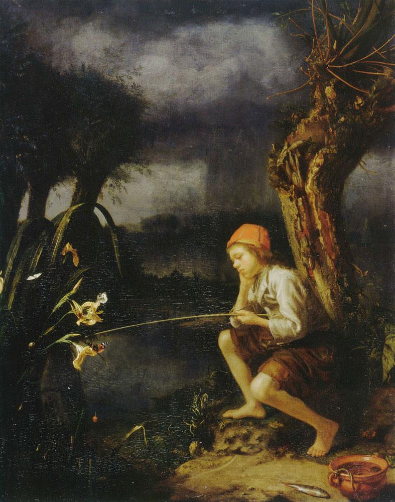Young fisher - Phlegmatism allegory - Black Figurative Painting by Godfried Schalken