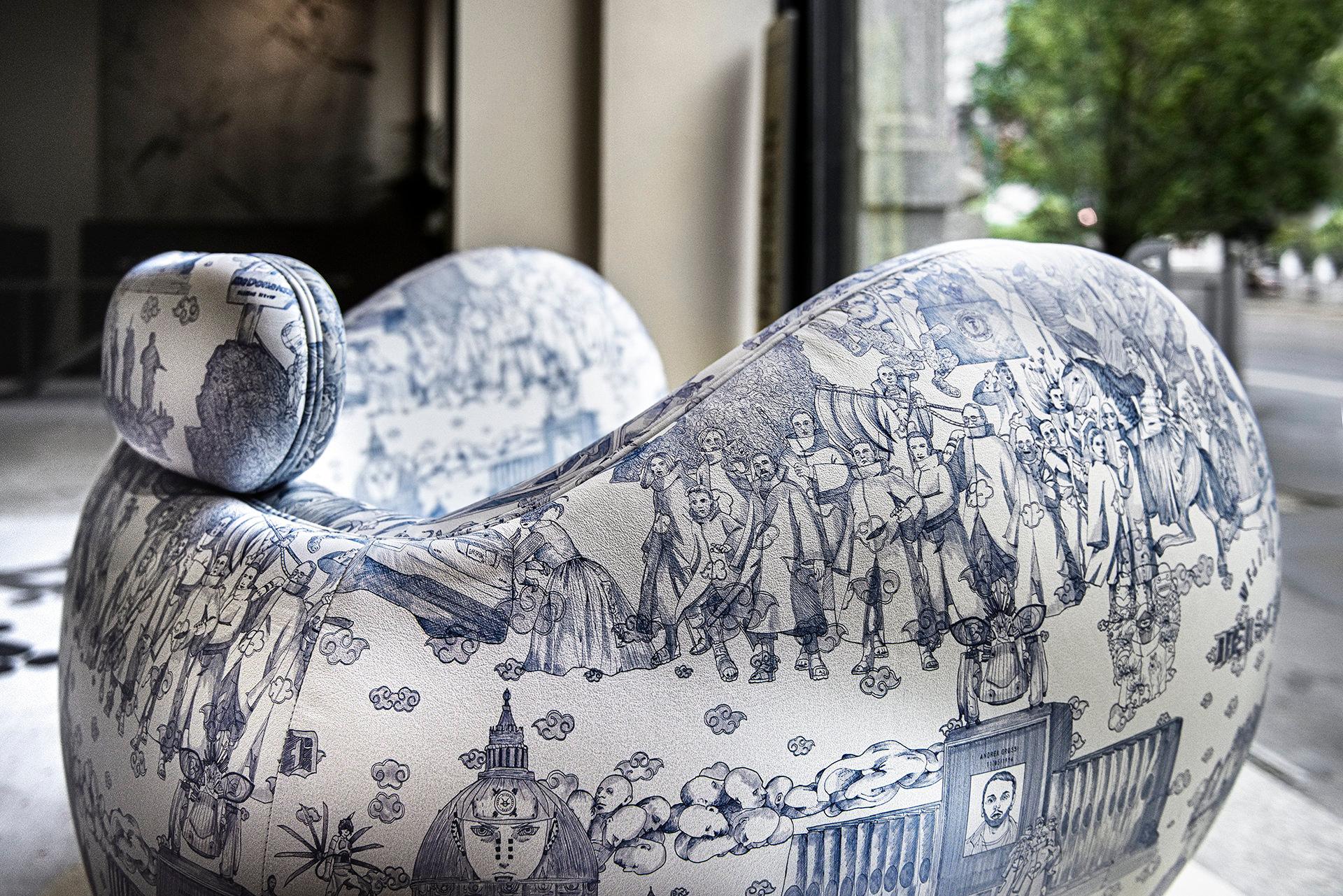 Contemporary Print White Leather Godia Toile De Jouy by Andrea Grossi for Delvis Unlimited For Sale