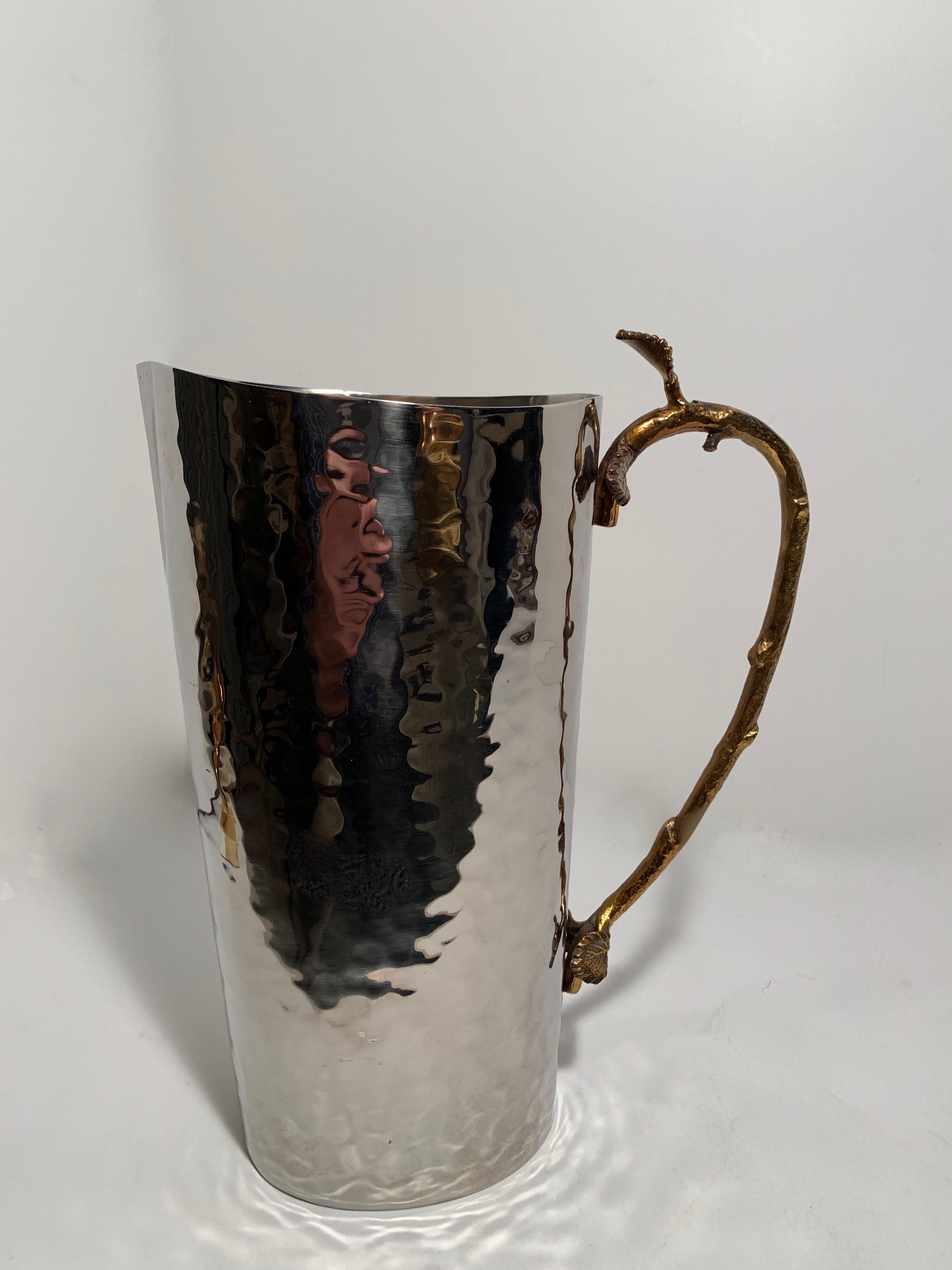 Godinger Hammered Pitcher with Brass Leaf and Twig Handle - a handsome addition to your table or bar - beautiful and in perfect condition.