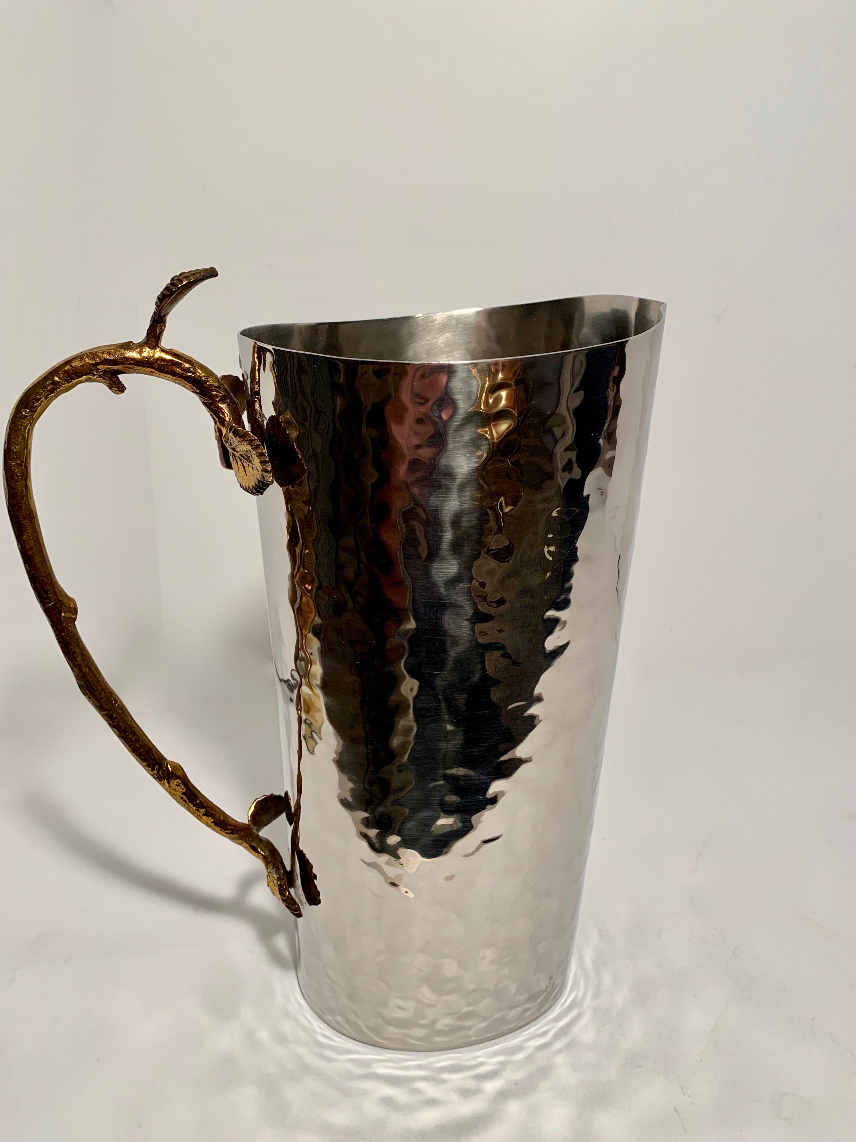 Mid-Century Modern Godinger Hammered Pitcher with Brass Leaf and Twig Handle For Sale