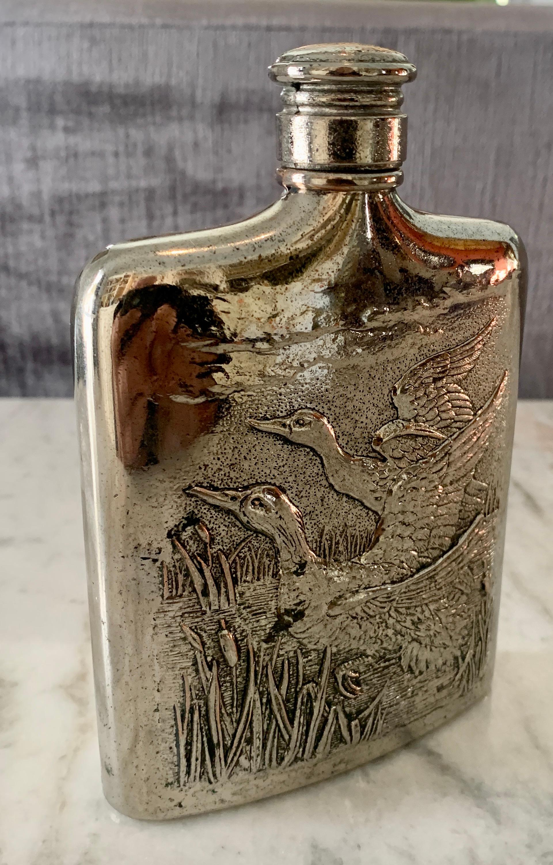 Godinger Silver Plate Flask with Repousse Geese 2
