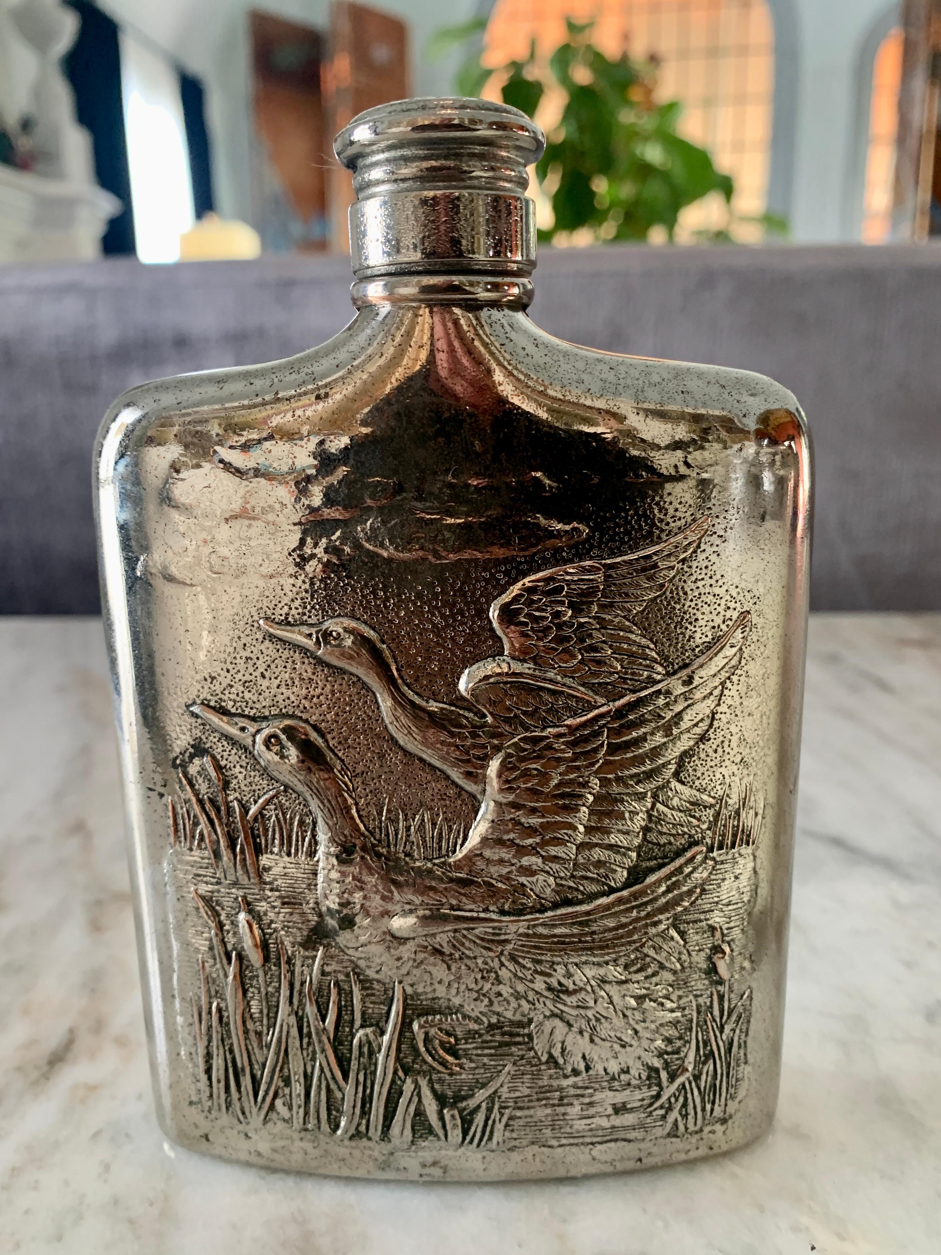 Repoussé Godinger Silver Plate Flask with Repousse Geese