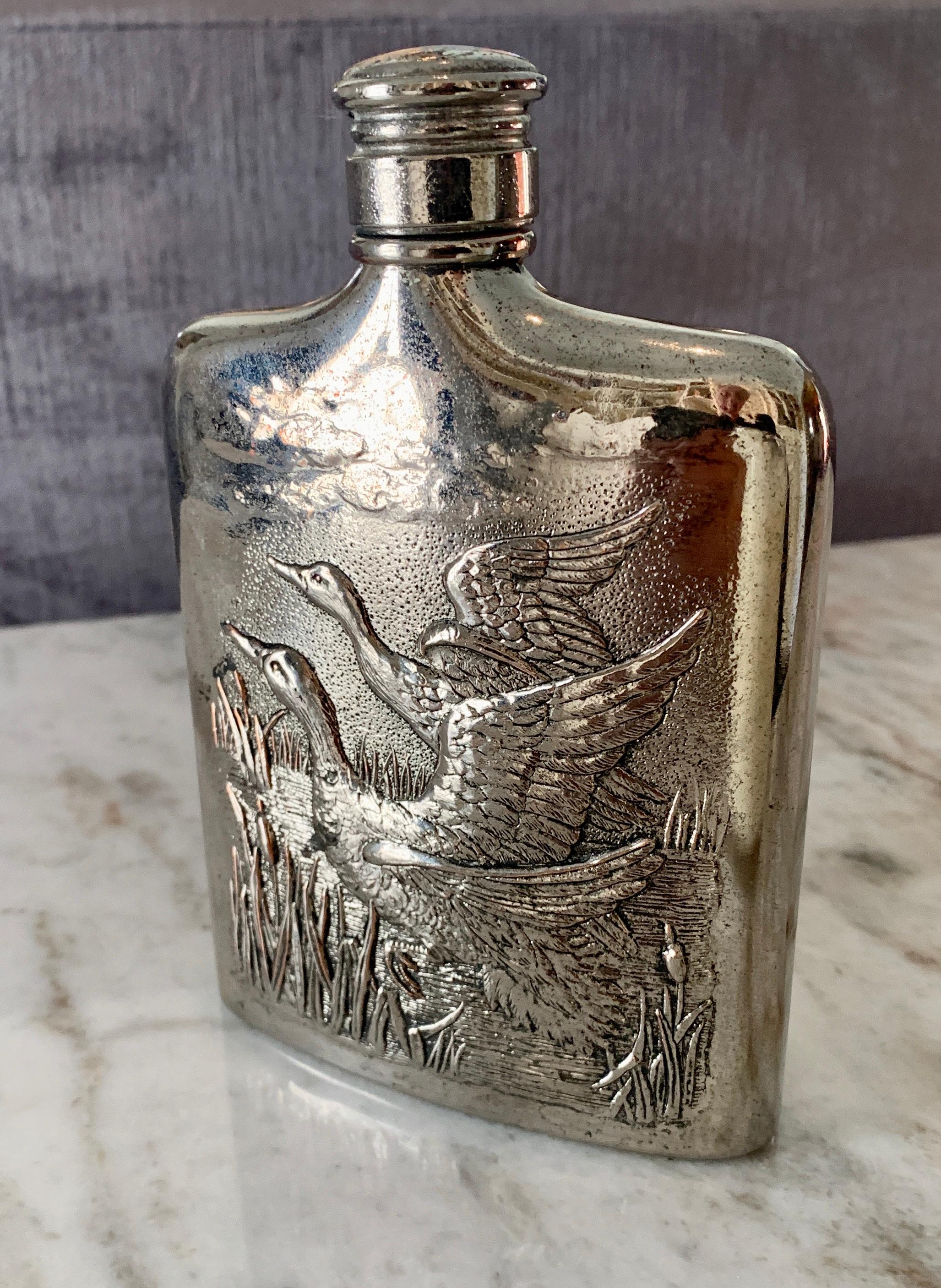 Godinger Silver Plate Flask with Repousse Geese In Good Condition In Los Angeles, CA