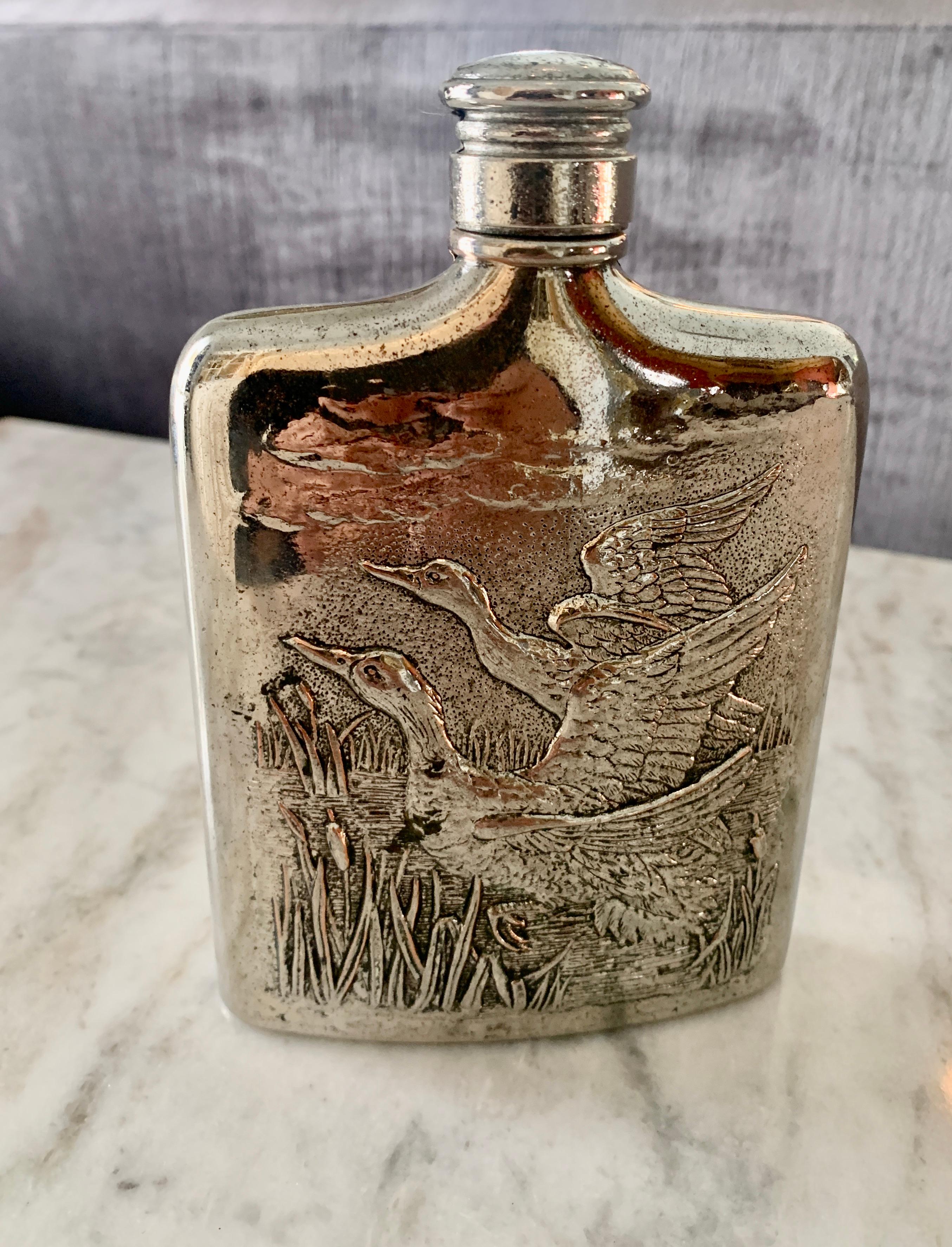 20th Century Godinger Silver Plate Flask with Repousse Geese