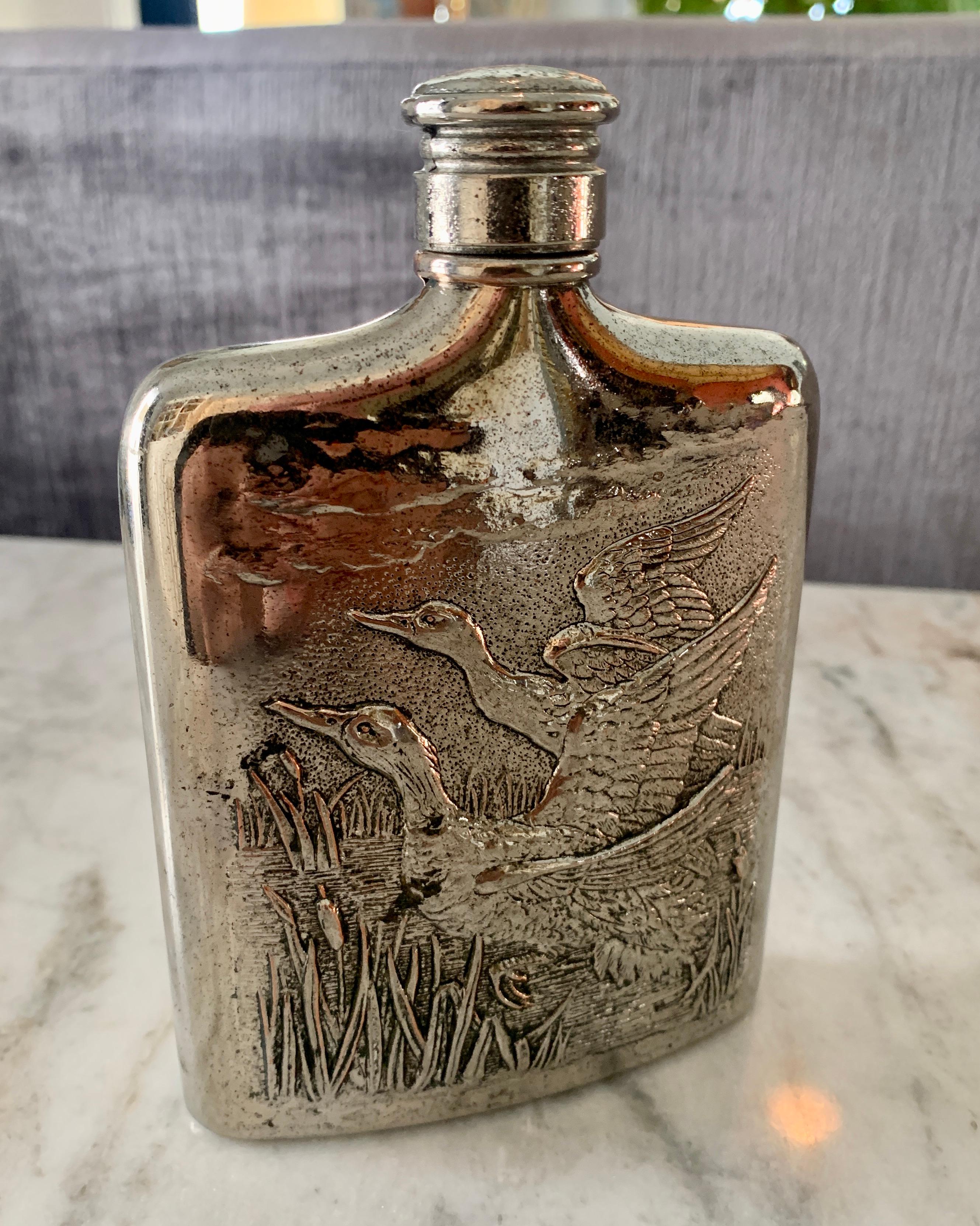 Godinger Silver Plate Flask with Repousse Geese 1