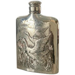 Godinger Silver Plate Flask with Repousse Geese