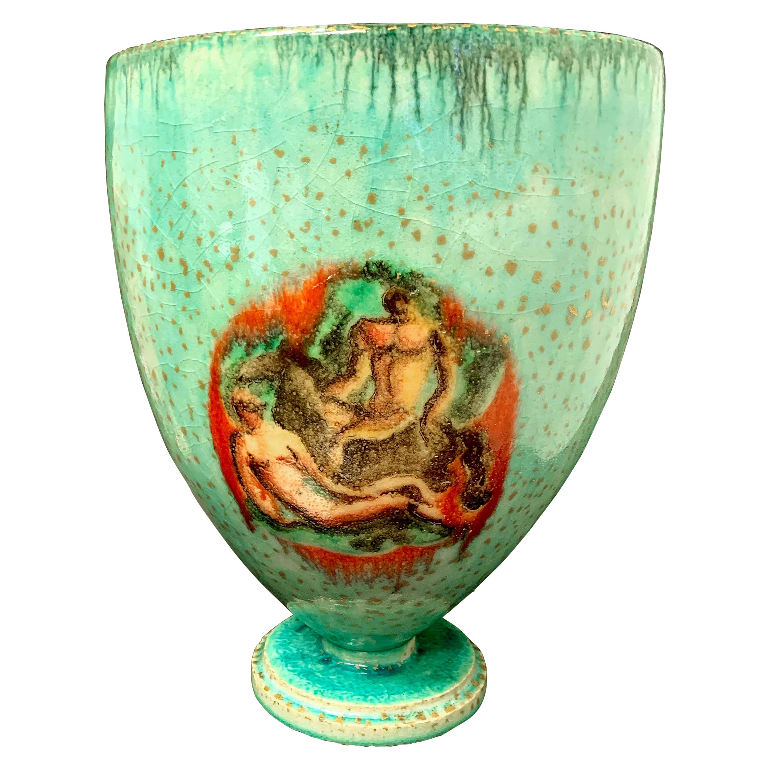 "Gods, Goddesses and Horses, " Art Deco Vase with Nudes, Sea Green Glaze For Sale