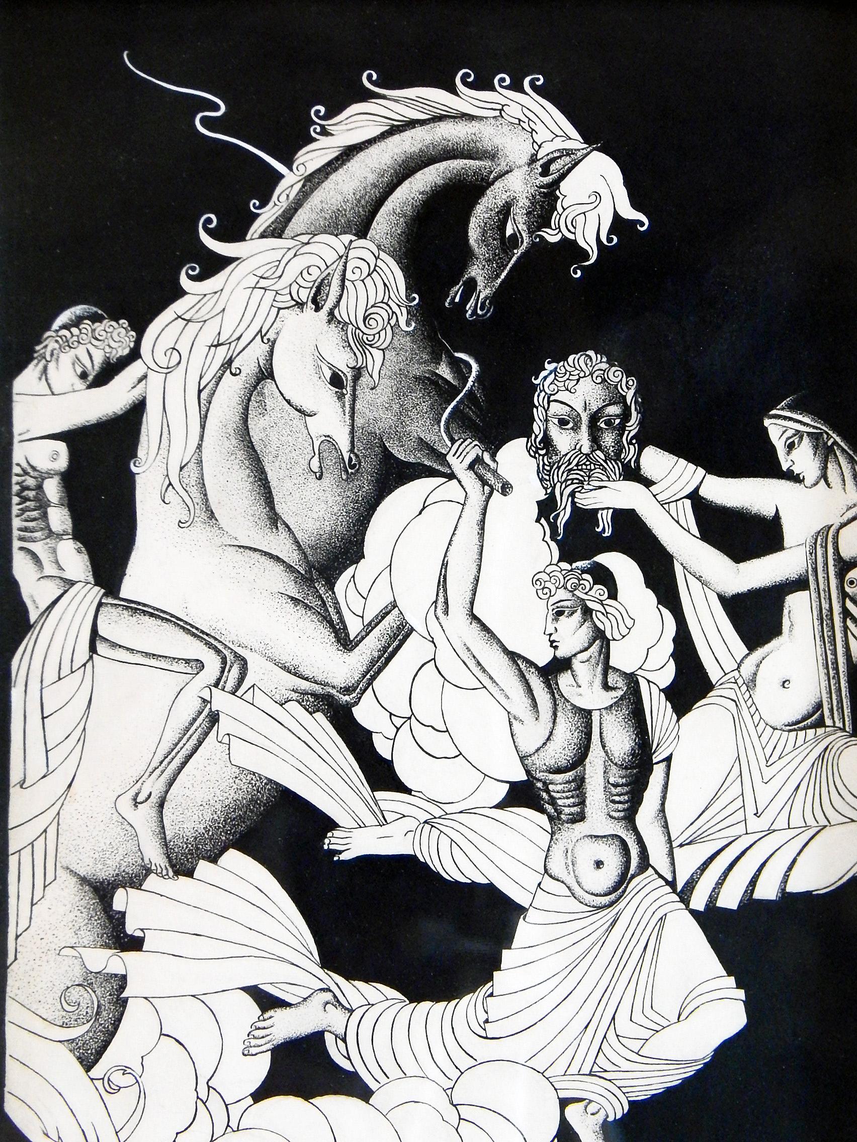 This virtuosic pen-and-ink drawing shows several gods cavorting with wild-maned horses in an Art Deco galaxy. All the figures are perfectly stylized as if parading across a classical frieze, yet the scene is highly theatrical and energized. The