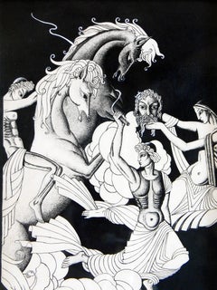 "Gods in the Sky, " Tour de Force, High-Style Art Deco Ink Drawing with Nudes