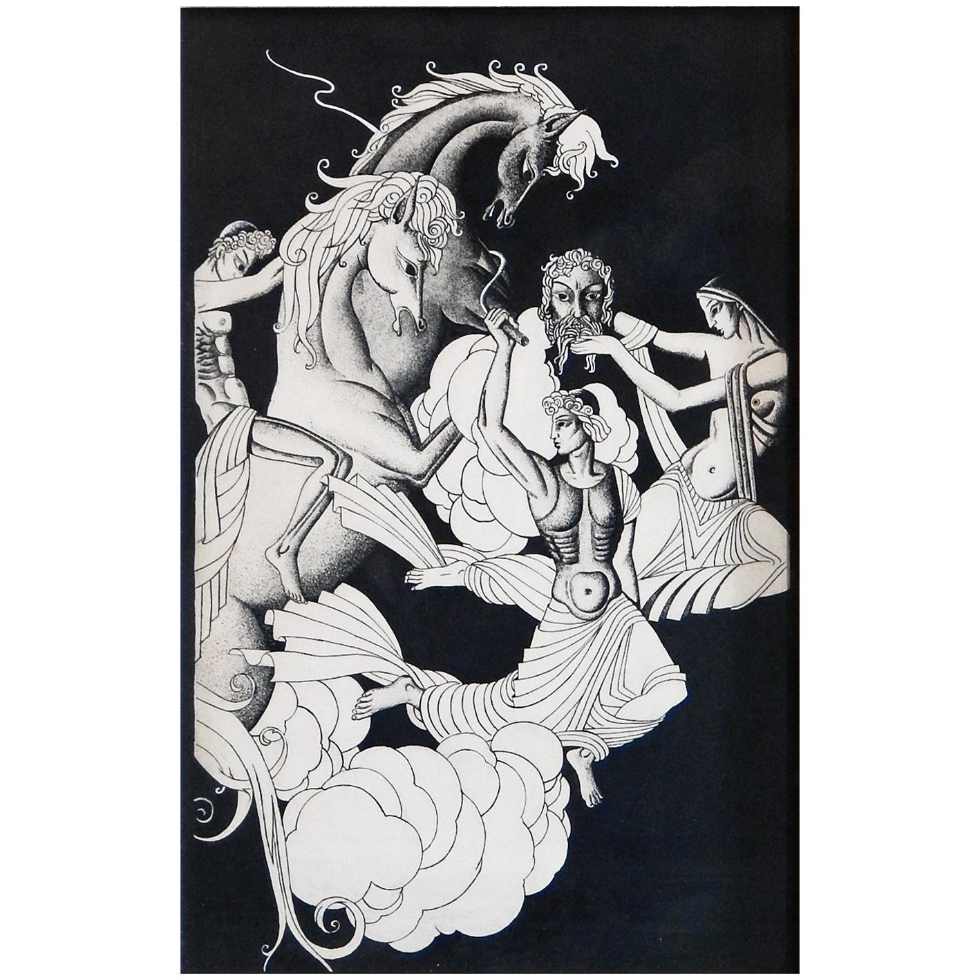 "Gods in the Sky," Tour de Force, High-Style Art Deco Ink Drawing with Nudes