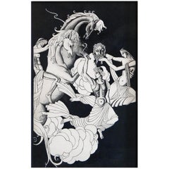 "Gods in the Sky," Tour de Force, High-Style Art Deco Ink Drawing with Nudes