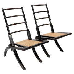 Godwin Style. Pair of Aesthetic Movement ebonized folding chair w. new cane seat