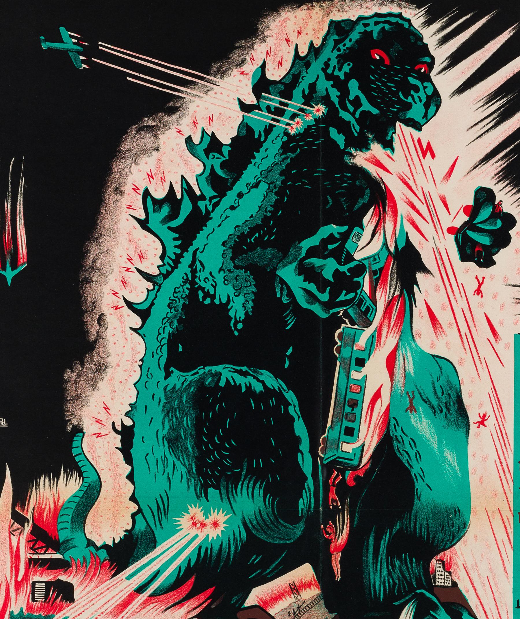 Rare and highly sought after late 1950s, French re-release for 1954s film Godzilla. Wonderful red, green, black and white graphics.

Movie poster size 23 1/2 x 31 1/2 inches. Near mint.

Folded (as issued). Paper darkened with age. Amazing