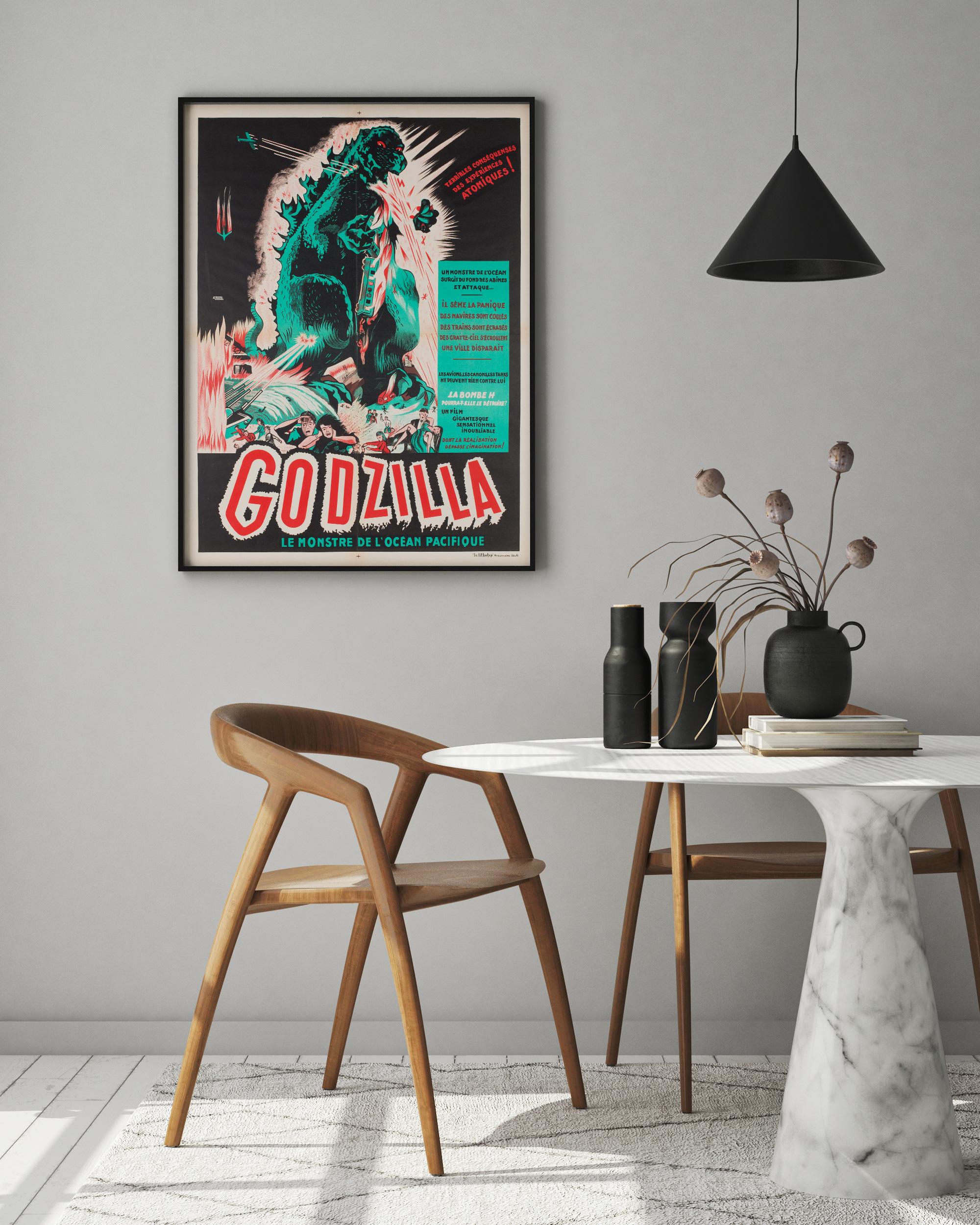 Rare and highly sought after late 1950s, French re-release for 1954s film Godzilla. Wonderful red, green, black and white graphics.

This original vintage movie poster is sized 23 6/8 x 31 3/8 inches.