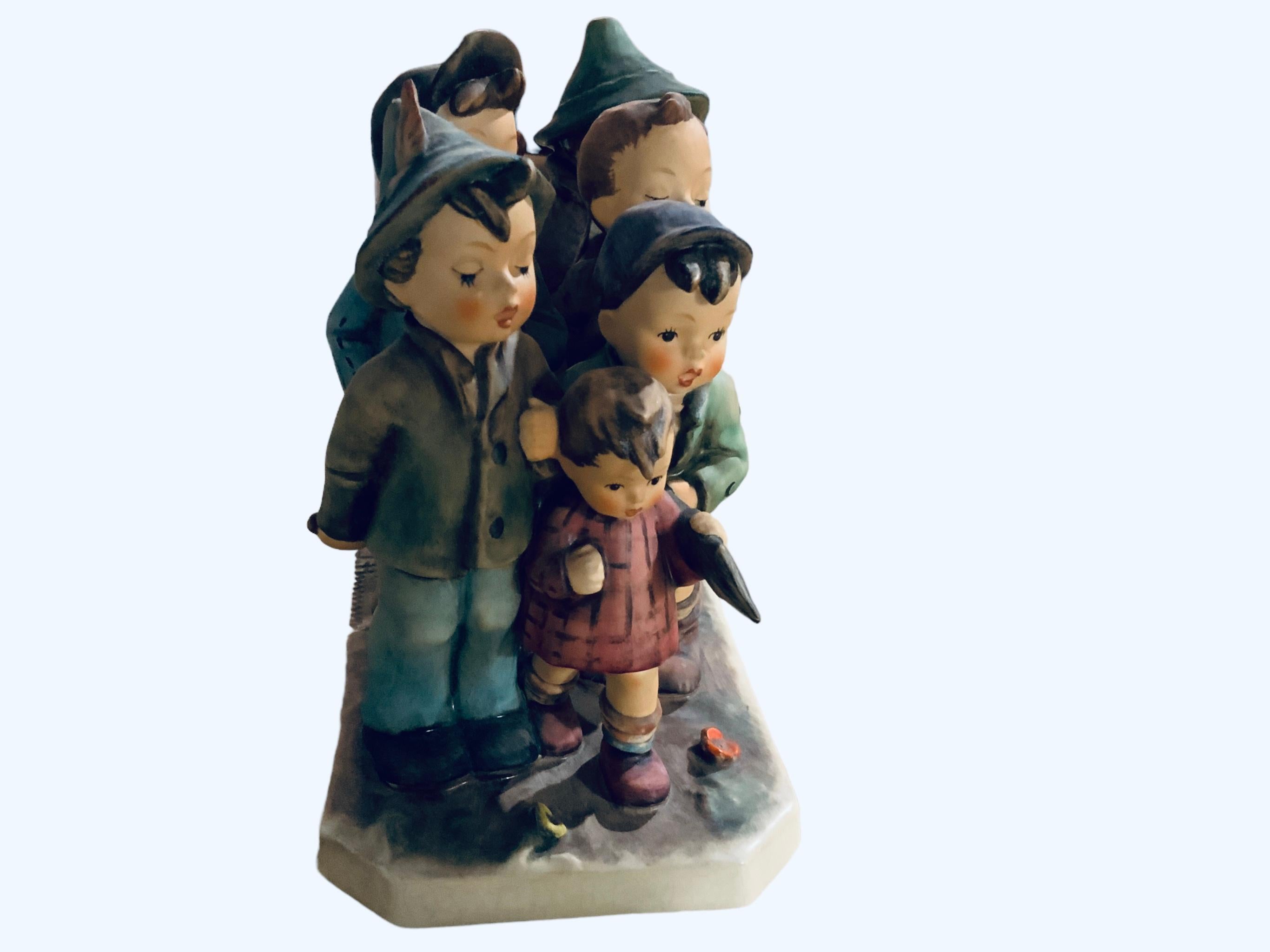 This is a Hummel porcelain group figurines of six boys and one little girl. It’s named “Adventure Bound”. Its mark is TMK5 (1970’s). The inscription M.I. Hummel is in one of the side of the figurine. The trademark of Goebel company is below the base