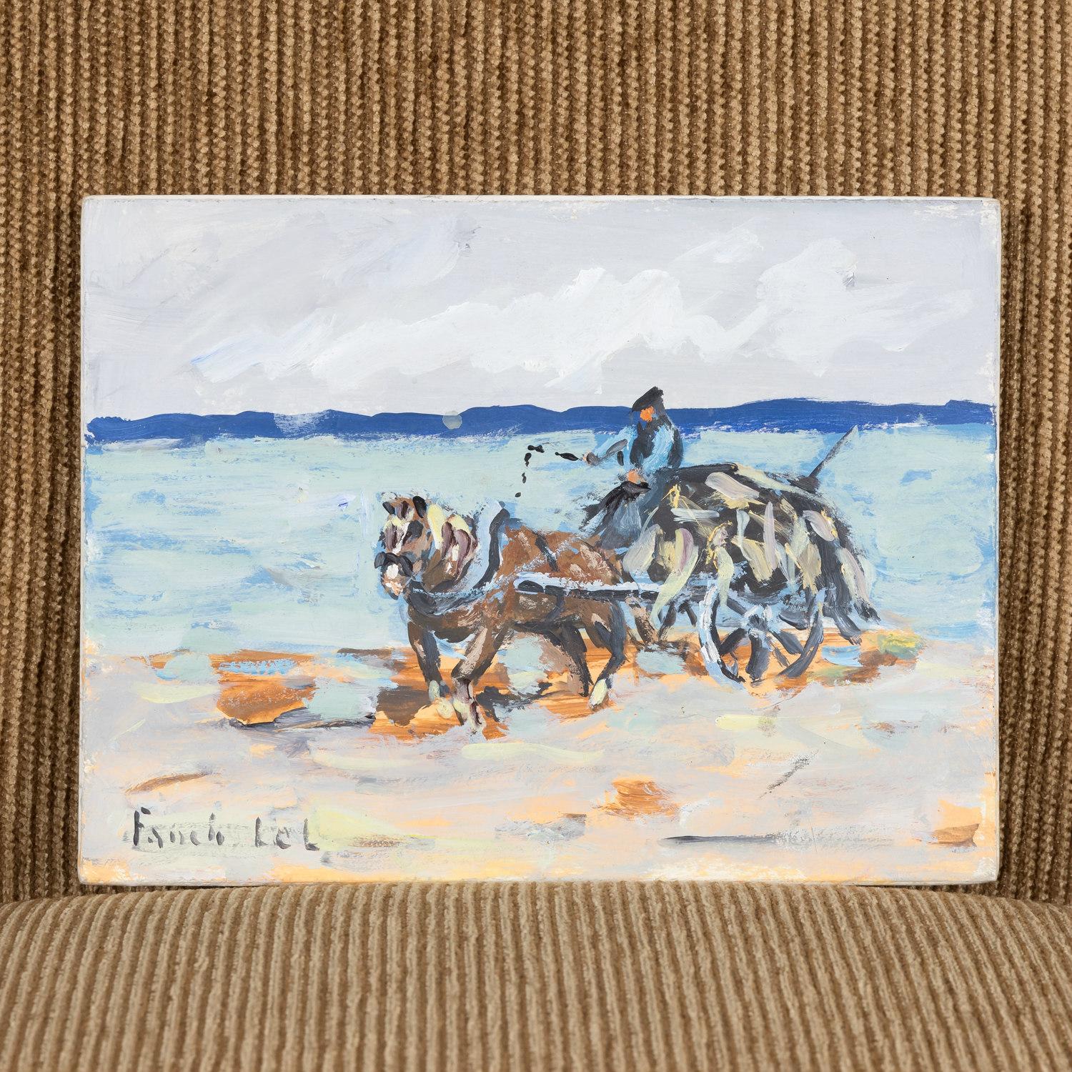 Goémonier à Avranches is a small seaside gouache on board painting by French Breton artist Fanch Lel. Featuring a vibrant palette made of blue, grey, brown, white, and orange tones, the painting depicts a French goémonier, a beach cleaner or seaweed