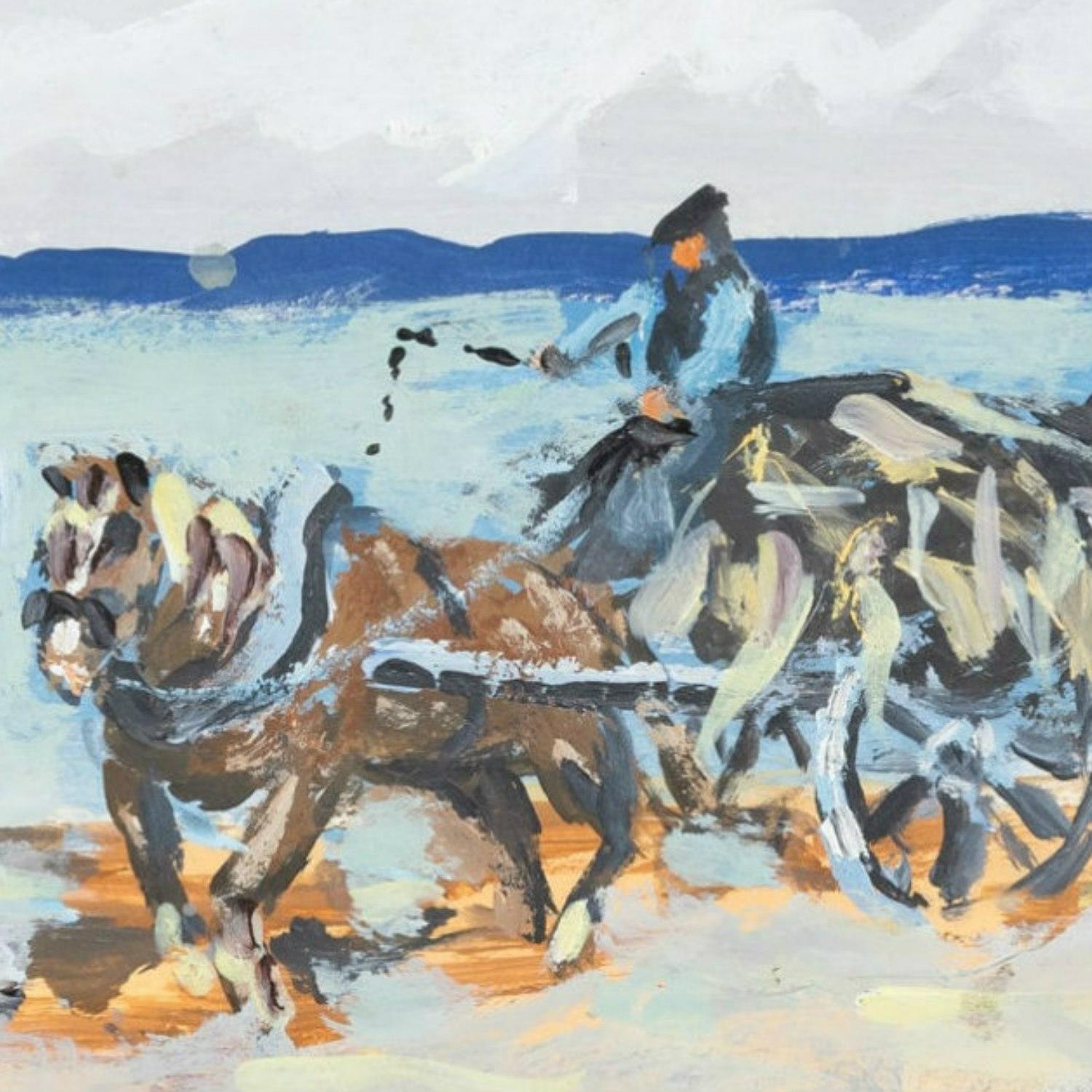 Contemporary Goémonier à Avranches by Fanch Lel, Small 2013 Gouache on Board Painting, Signed