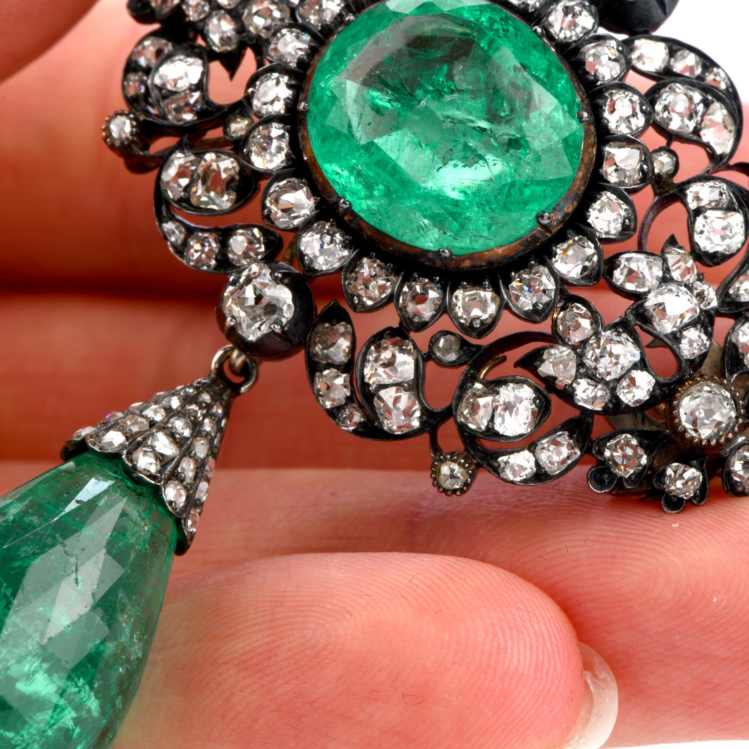 Goergian Antique Large Emerald Diamond Silver Gold Pendant  In Excellent Condition For Sale In Miami, FL