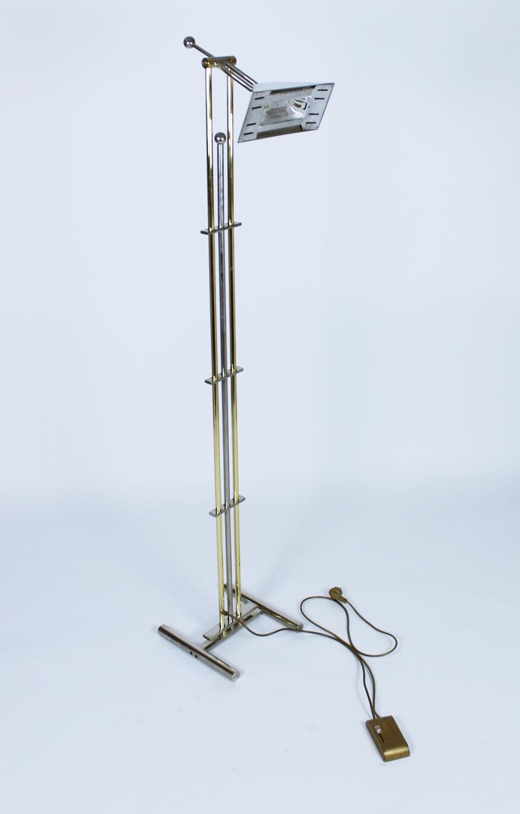 Mid-Century Modern Goetz Chrome and Brass Adjustable Halogen Floor Lamp with Dimmer, Germany, 1970 For Sale