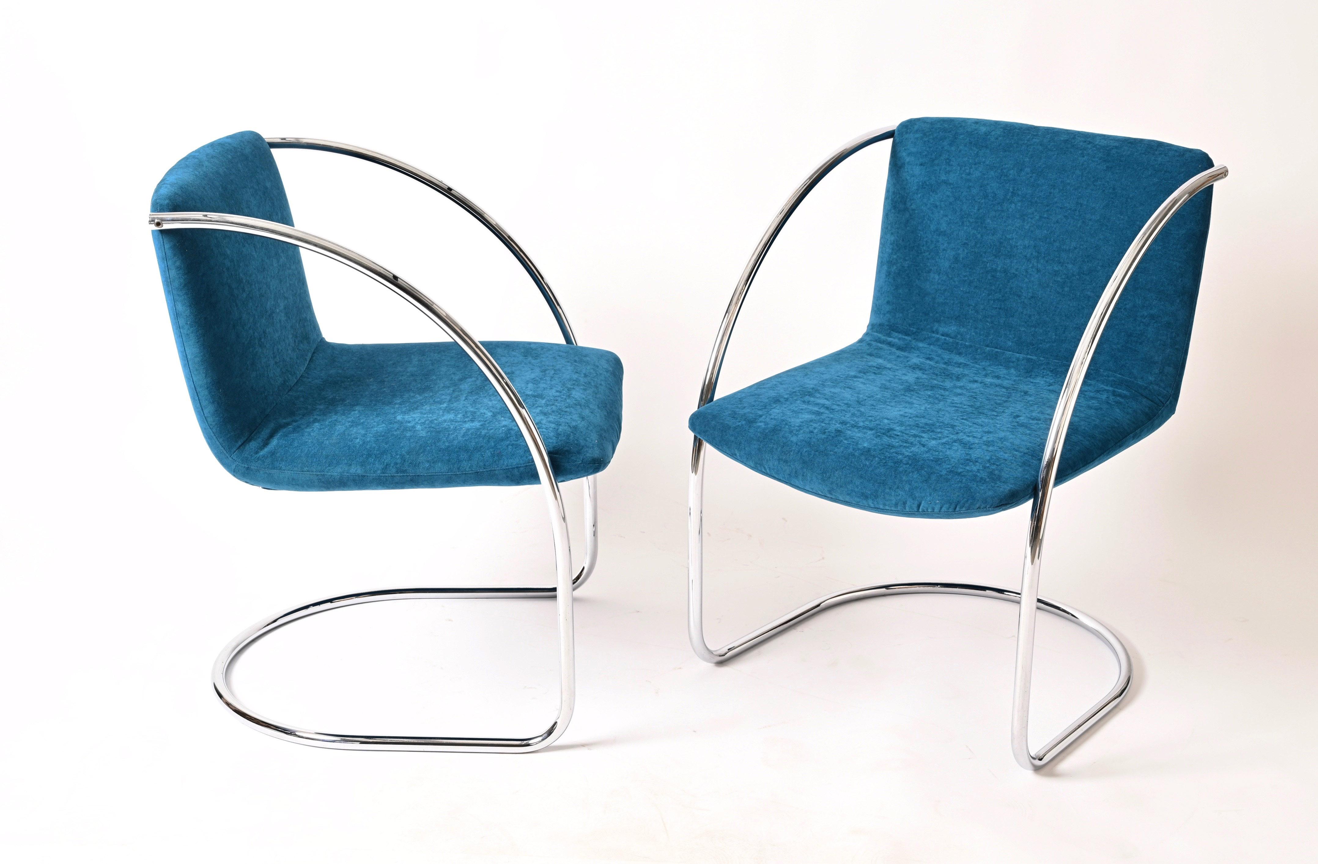 Satz von „Lens“-Stühlen von G. Offredi aus blauem Samt und Chrom, Saporiti Italien 1968 im Angebot 4