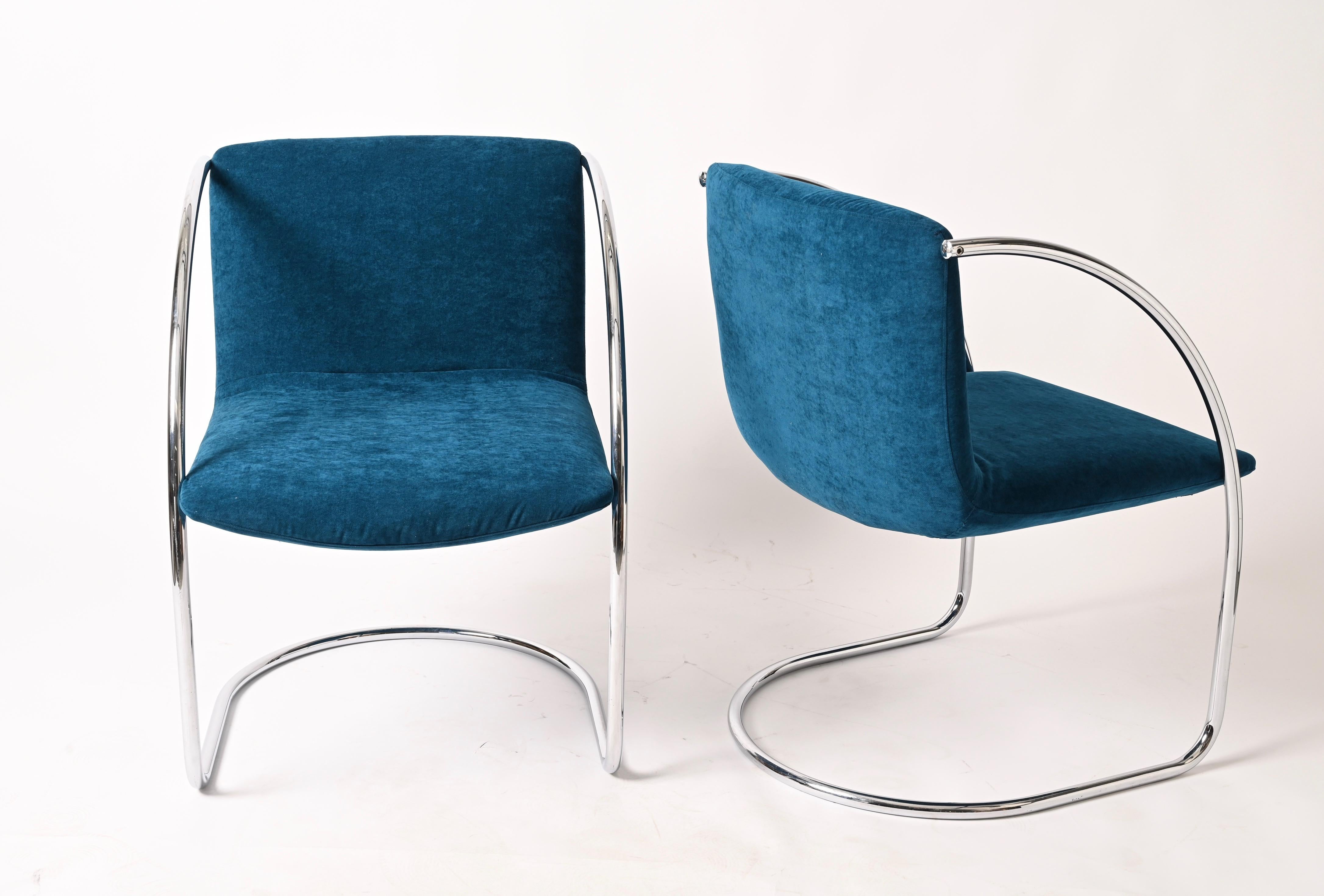 Satz von „Lens“-Stühlen von G. Offredi aus blauem Samt und Chrom, Saporiti Italien 1968 im Angebot 5