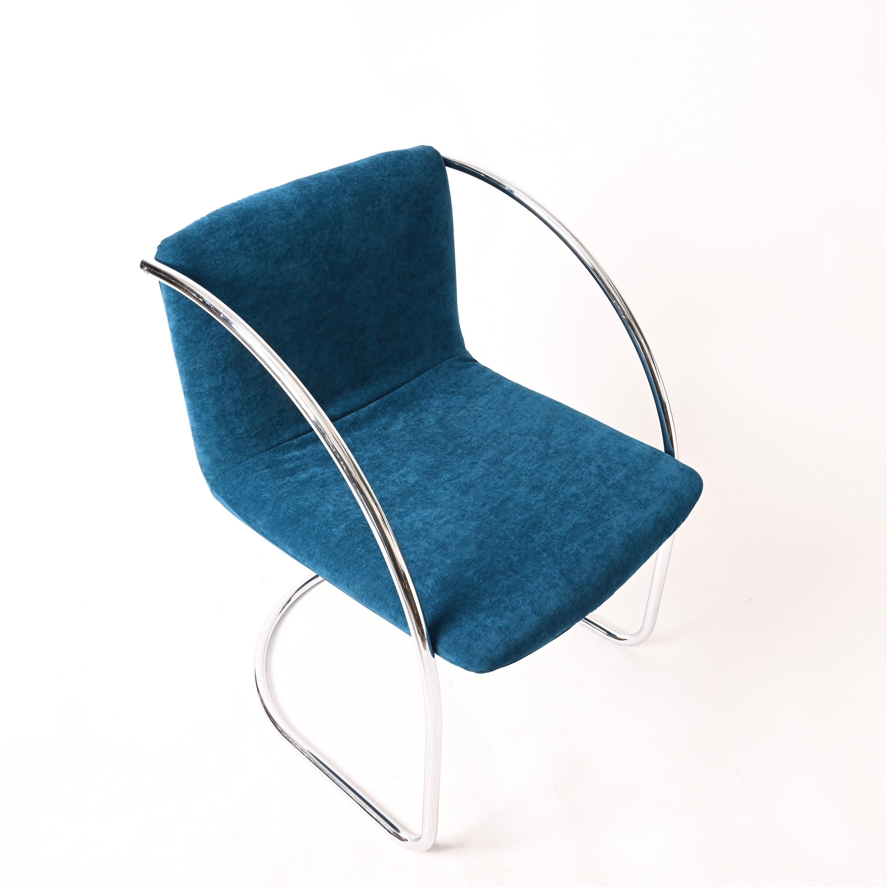 Satz von „Lens“-Stühlen von G. Offredi aus blauem Samt und Chrom, Saporiti Italien 1968 im Angebot 8