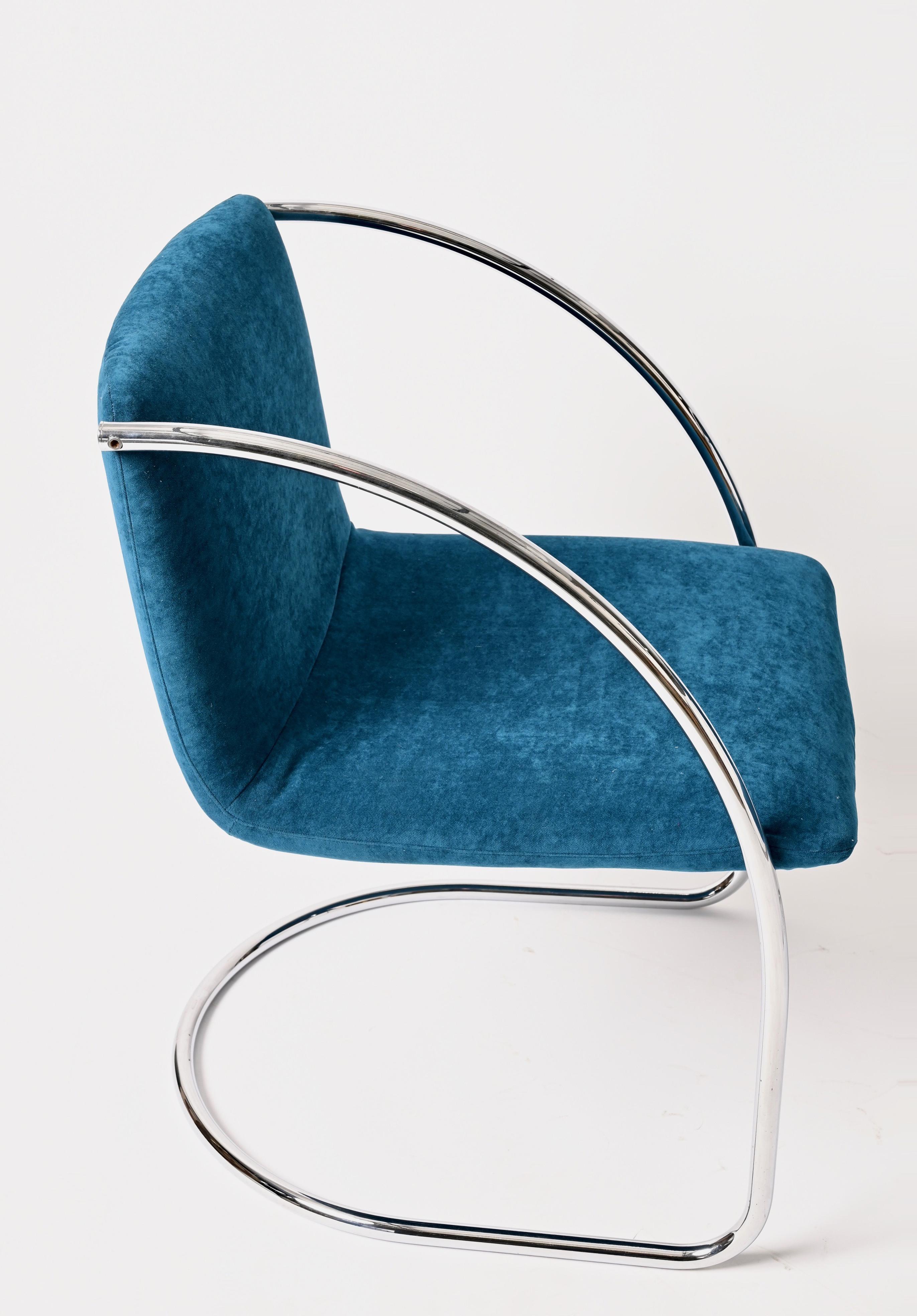 Satz von „Lens“-Stühlen von G. Offredi aus blauem Samt und Chrom, Saporiti Italien 1968 im Angebot 9
