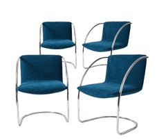 Set of 4 "Lens" Chairs by G. Offredi Blue Velvet and Chrome, Saporiti Italy 1968