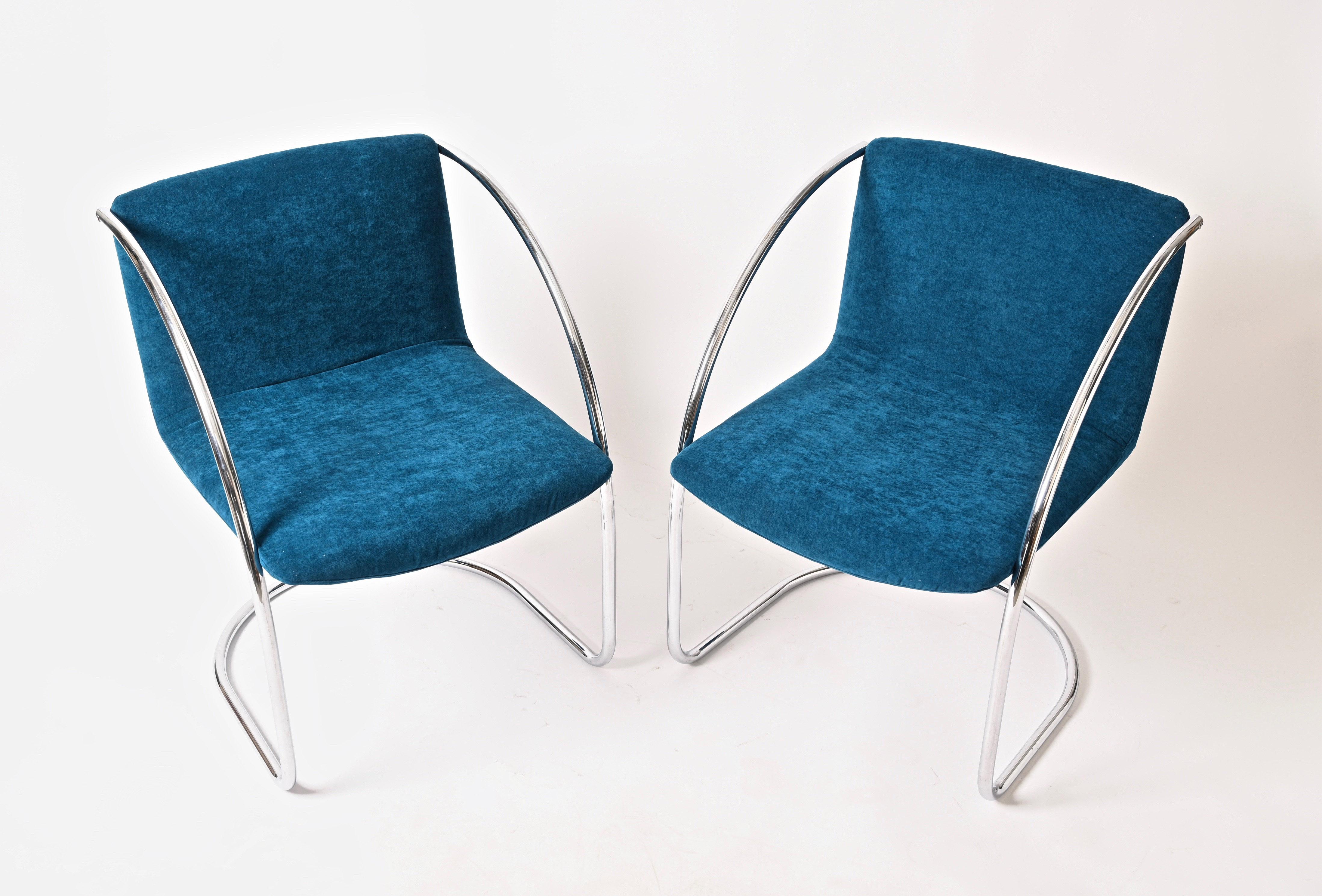 Satz von „Lens“-Stühlen von G. Offredi aus blauem Samt und Chrom, Saporiti Italien 1968 im Angebot 2