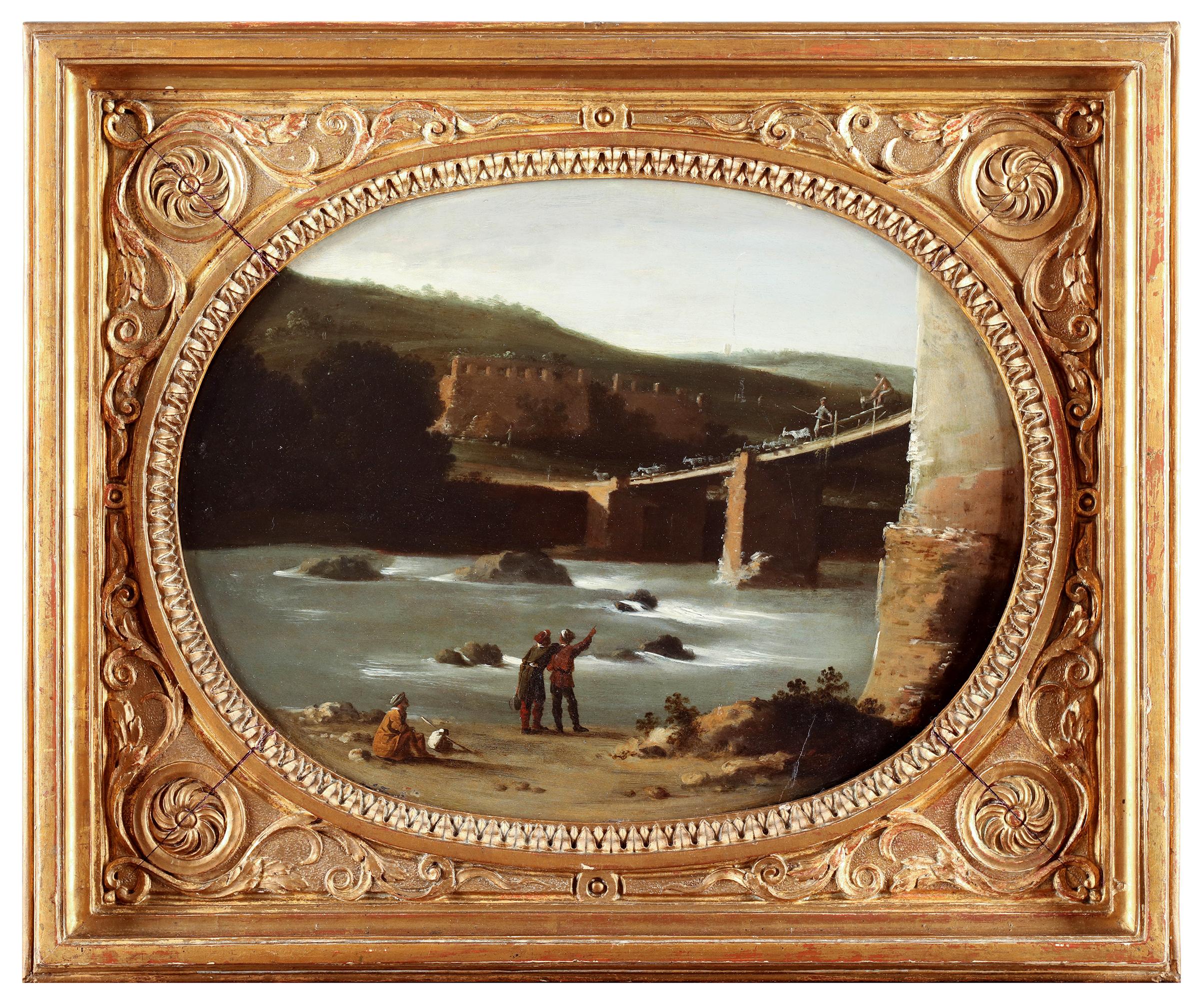 Landscape with travellers near a bridge - Attributed to Goffredo Wals For Sale 2