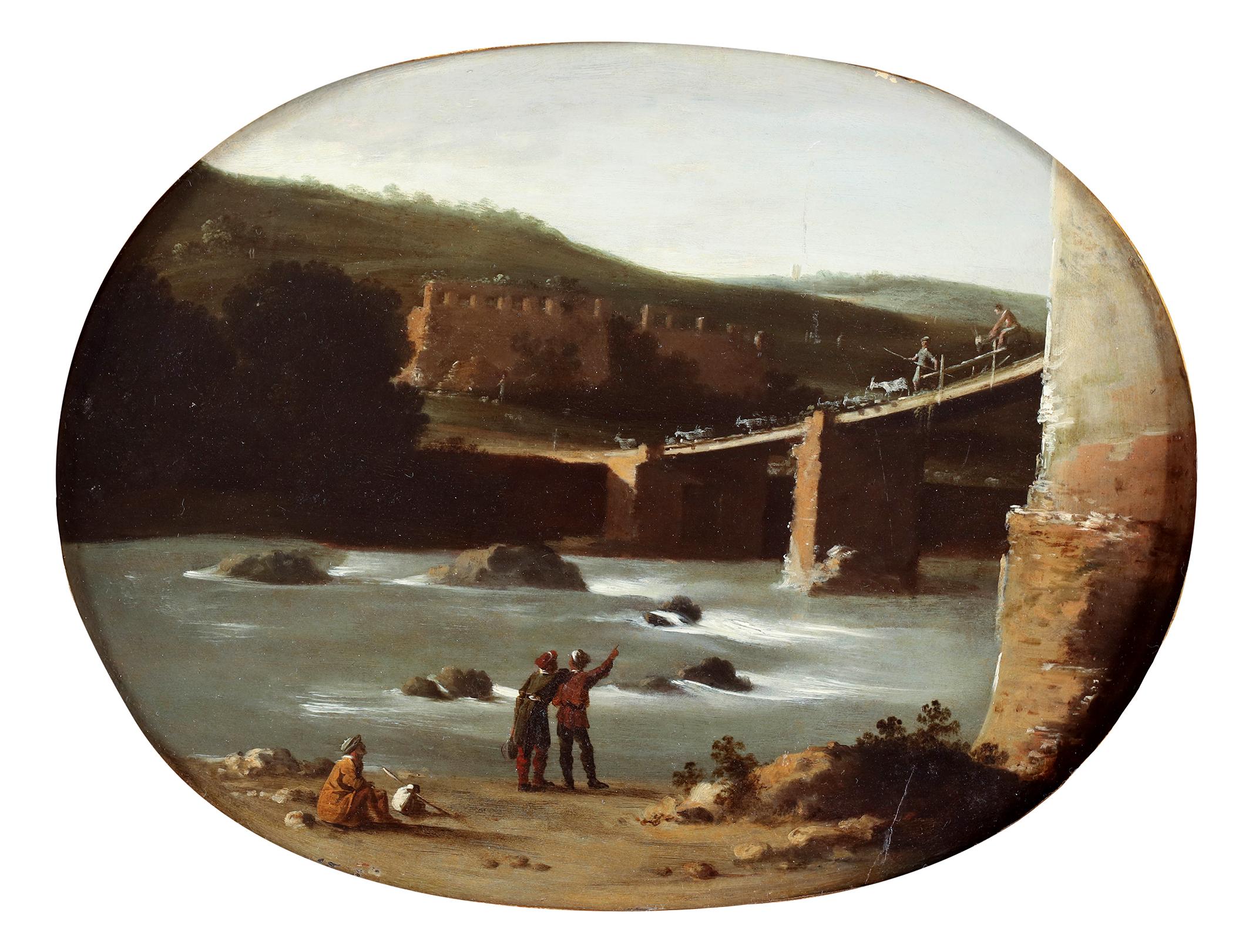 Oil on oval lime wood panel

Collection number on the back: 272

We see a herd of goats and their shepherds on the bridge, one of the shepherds is on a horse, the others look at the men near the riverbank. Two standing figures are pointing and