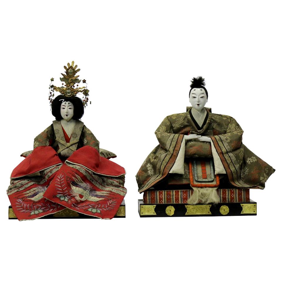 Gofun Meiji Period Hina Japanese Emperor and Empress Dolls Provenanc, circa 1868 For Sale