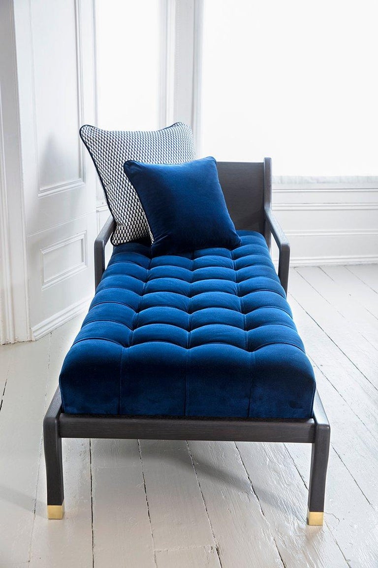 Goga Chaise Lounge Daybed Sofa Chair by Felice James in Oak Brass Velvet For Sale at 1stDibs