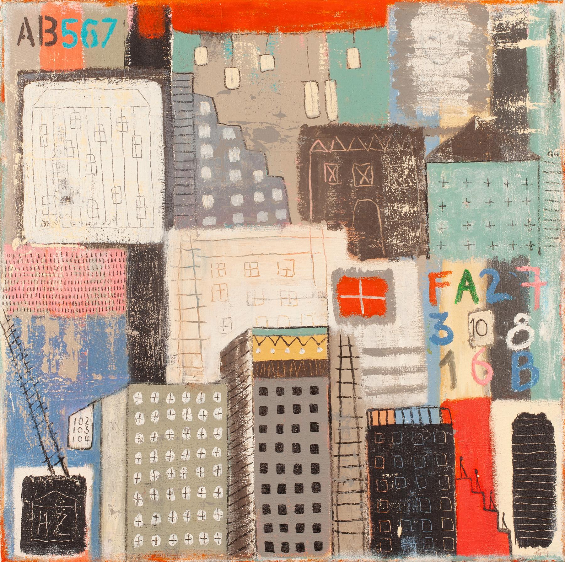 AB567 - Figurative, Urban City: Mixed Media on Canvas