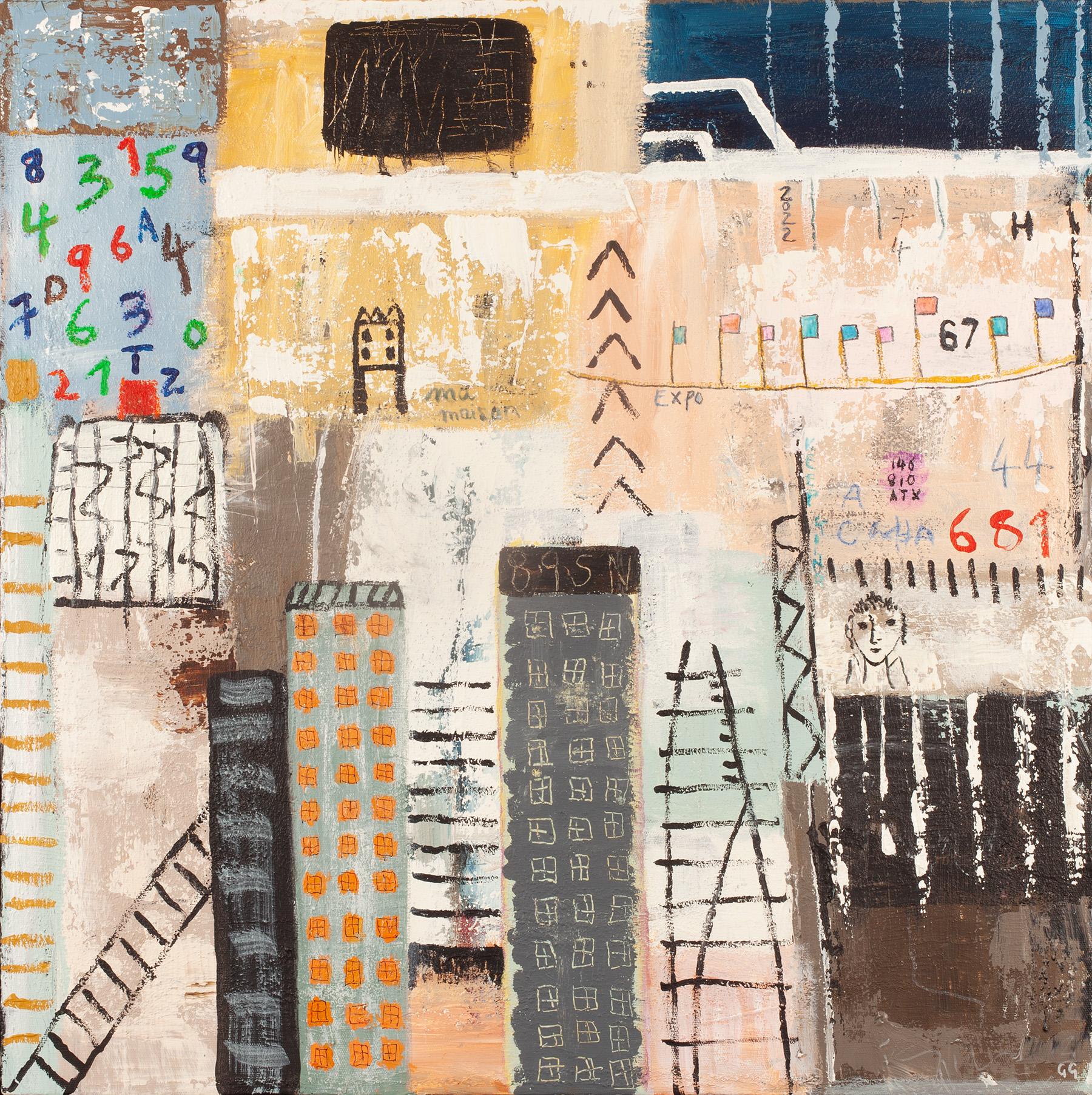 Urban Scape - Colourful, Playful Figurative City: Mixed Media on Canvas - Mixed Media Art by Gohar Goddard