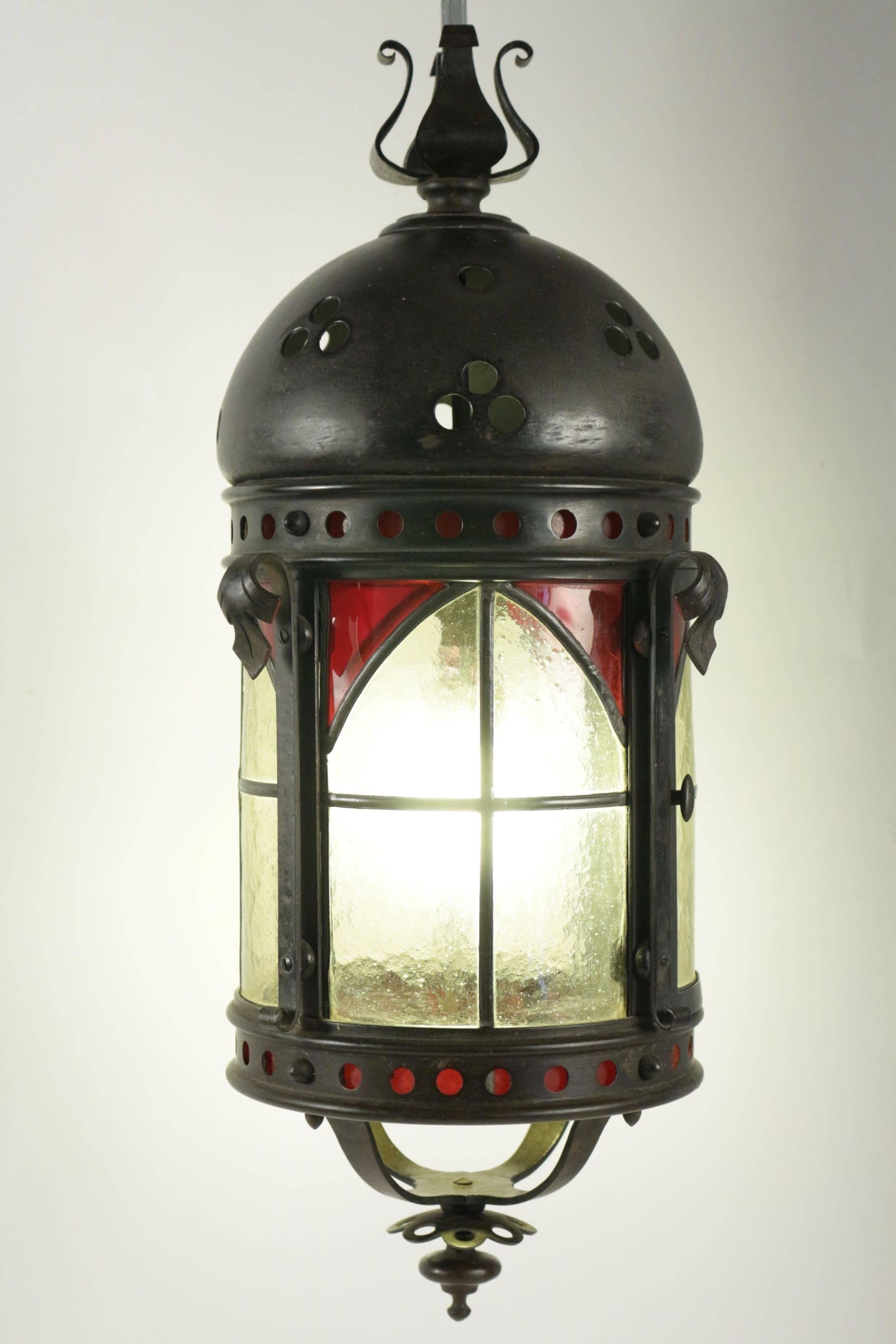 19th Century Gohic Single Light Lantern in Wrought Iron and Glass