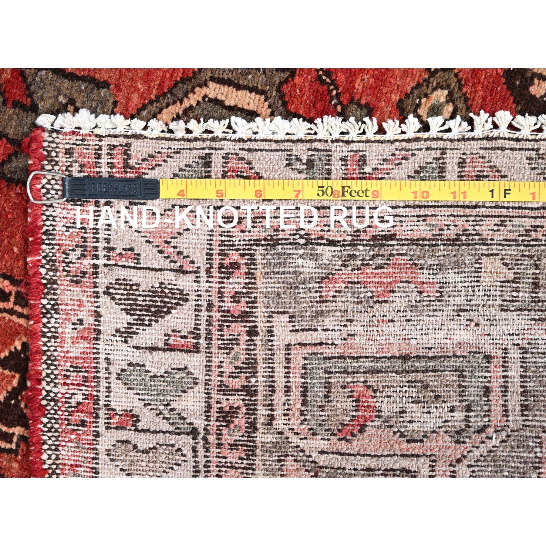 Goji Berry Red Hand Knotted Vintage Persian Hamadan Wool Runner Distressed Rug For Sale 1